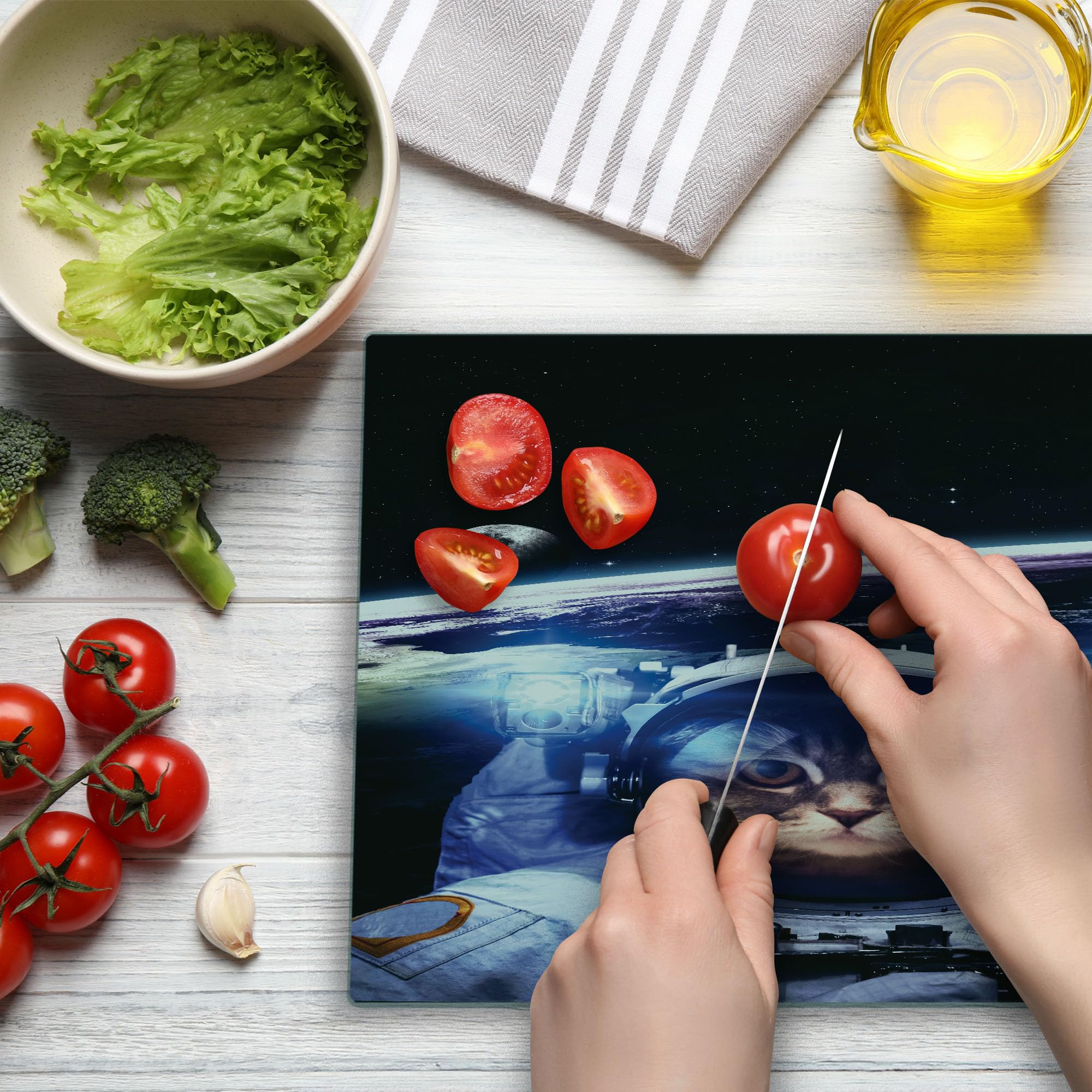 Ambesonne Funny Astronaut Cat Cutting Board - Decorative Tempered Glass Serving Board with Outer Space Explorer Kitty Design, Large Blue & White Kitchen Accessory for Cooking, Entertaining & Gift Giving