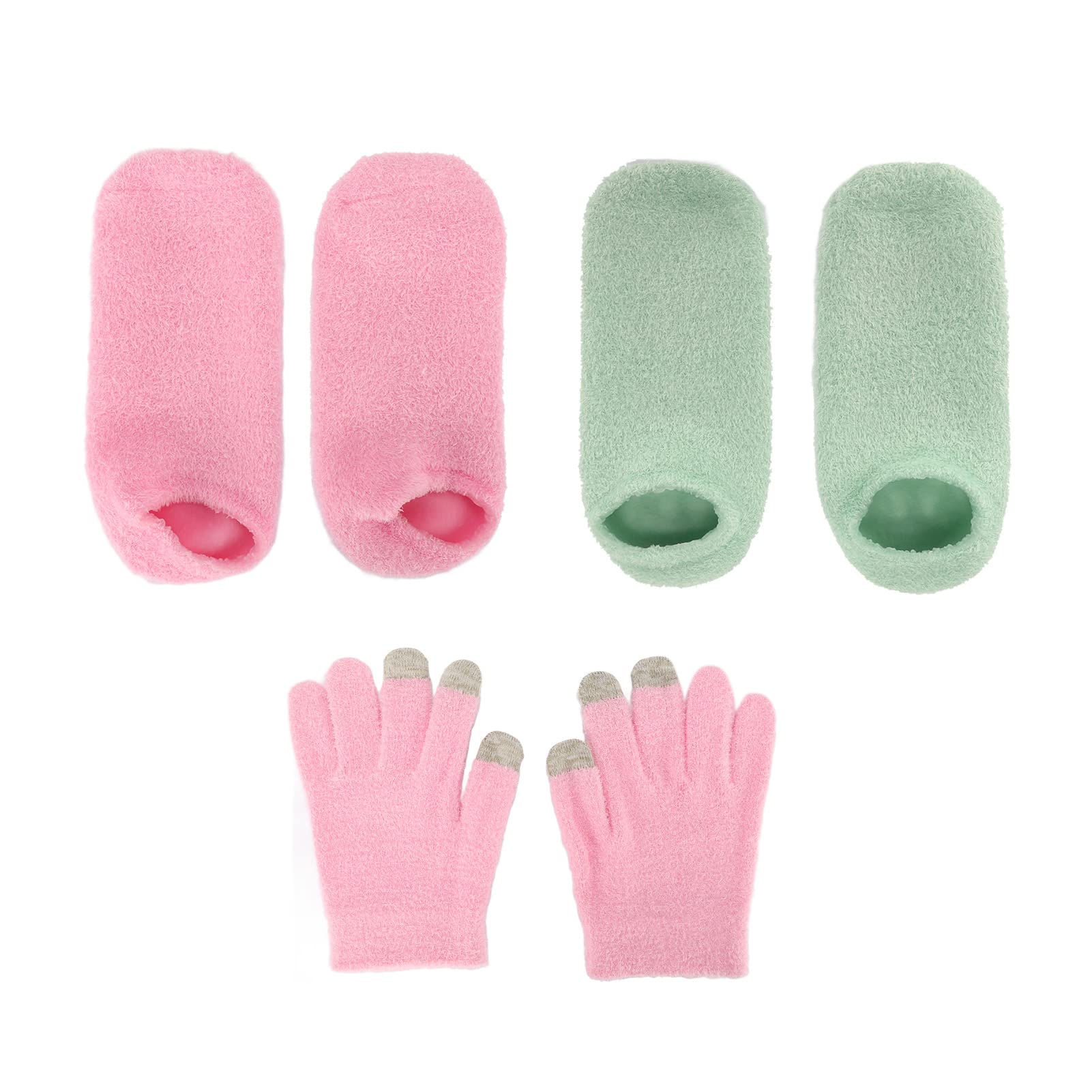 Moisturizing Gel Socks for Dry Cracked Feet - Reusable Hydrating Foot Mask with Touch Screen Finger Tips | Pink & Green Color | Perfect for Overnight Foot Care, Spa Treatment & Cracked Heel Repair