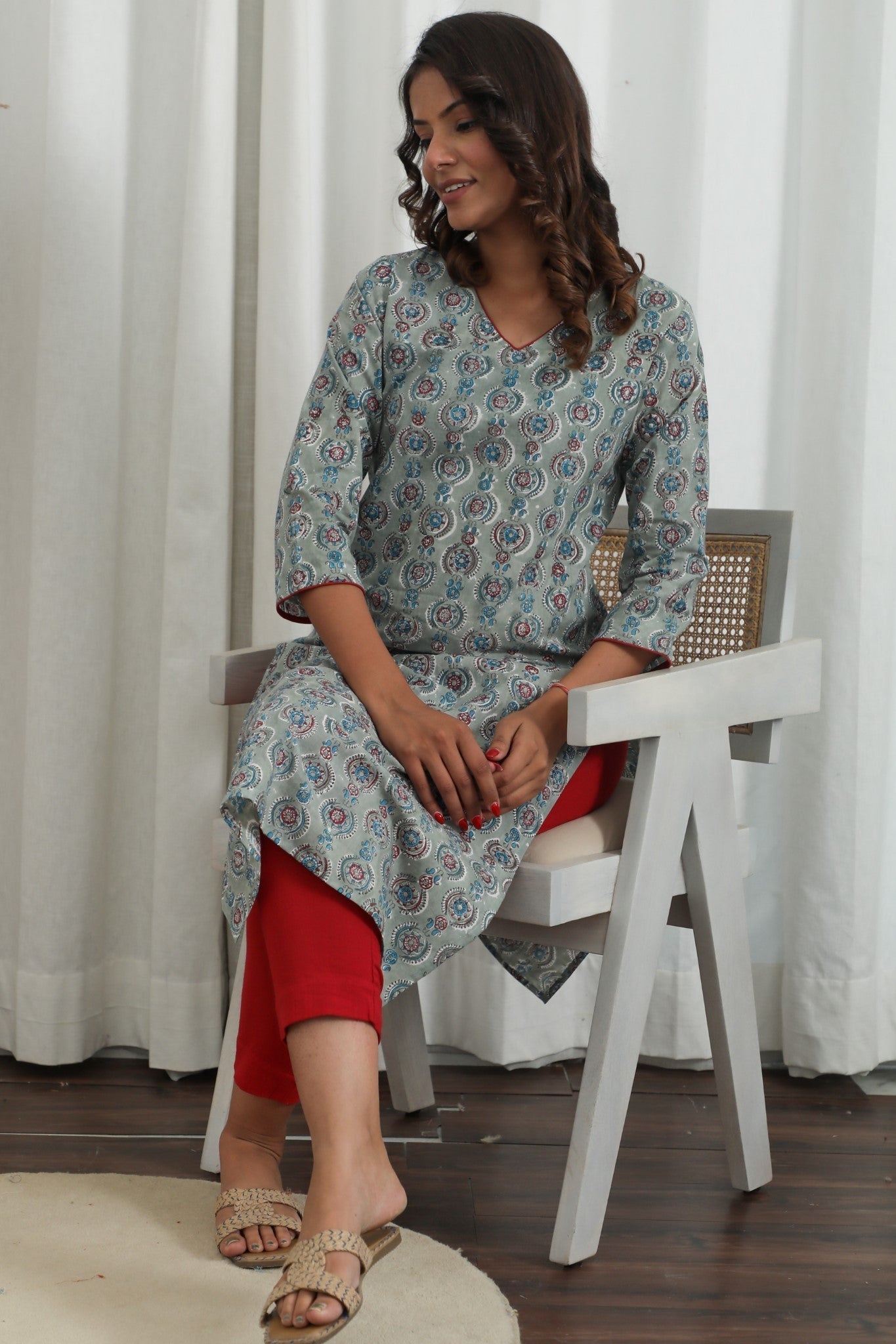 Lilac Dreams Azofree Handblock Printed Pure Cotton Kurti for Women | Floral Embroidered Indian Tunic Top | Perfect for Casual Wear, Festivals & Boho Outfits