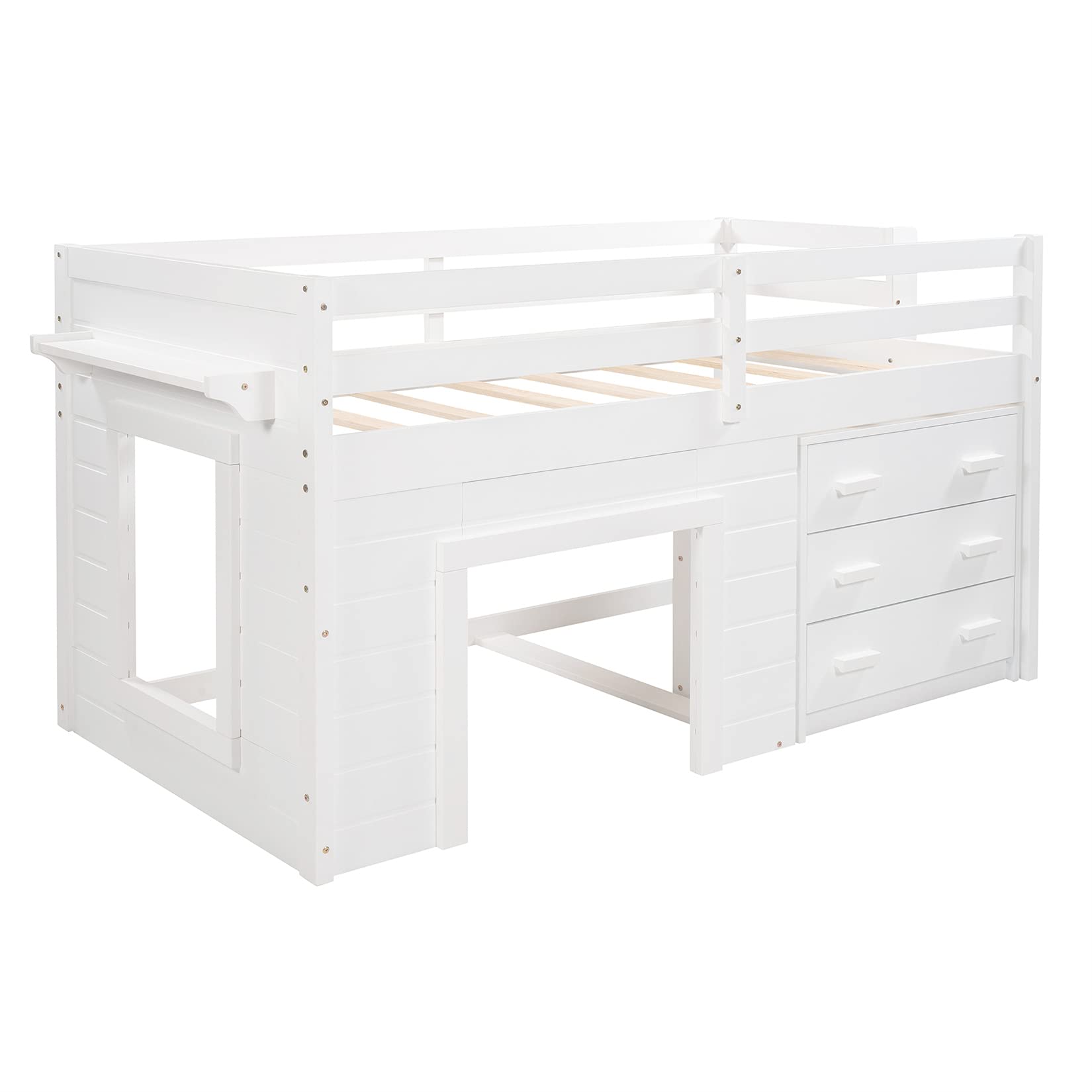 Bellemave Low Loft Twin Bed with 3 Drawers & Cabinet - Farmhouse Style Wooden Loft Bed Frame with Bedside Tray for Kids, Teens, Boys & Girls - Perfect for Small Bedrooms, Dorm Rooms & Space-Saving Kids' Rooms (White)