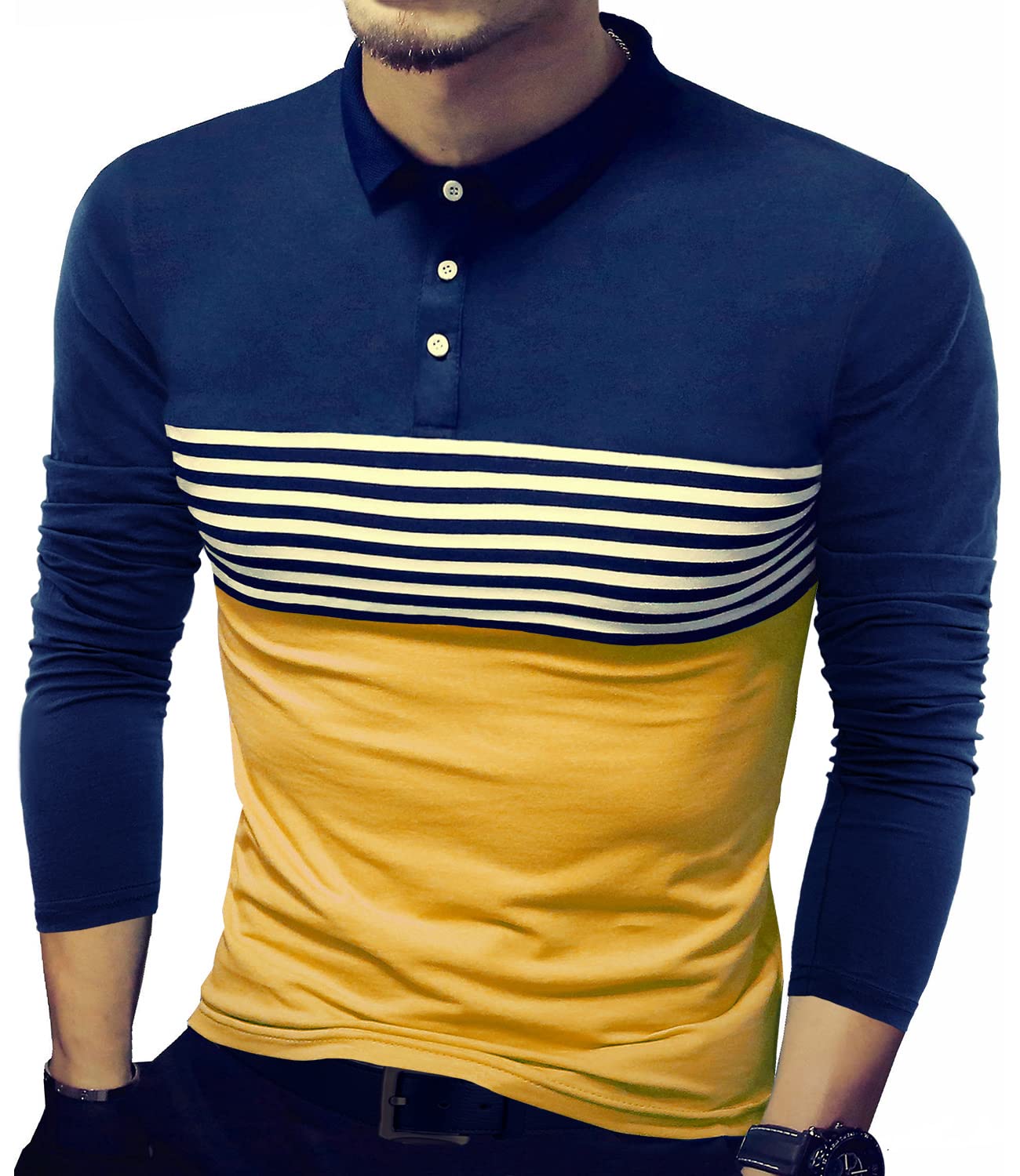 LOGEEYAR Men's Slim Fit Contrast Color Stripe Long Sleeve Polo Shirt - Casual T-Shirt for Work, Date Night & Weekend Outings