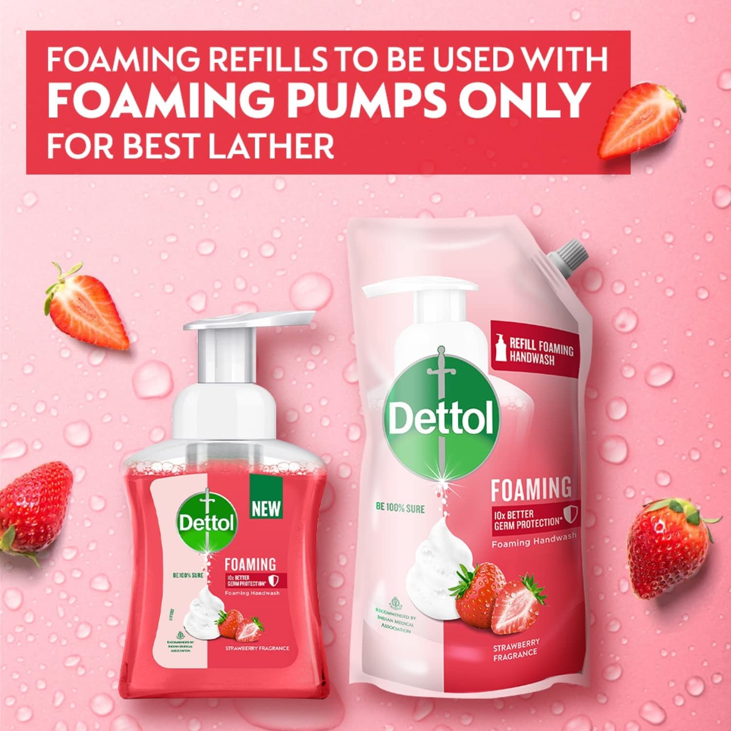Dettol Foaming Hand Wash Refill Combo - Strawberry & Aloe Coconut (Pack of 2, 700ml Each) | Rich Lather, Moisturizing Formula, Gentle on Skin | Ideal for Home, Office & Travel Use