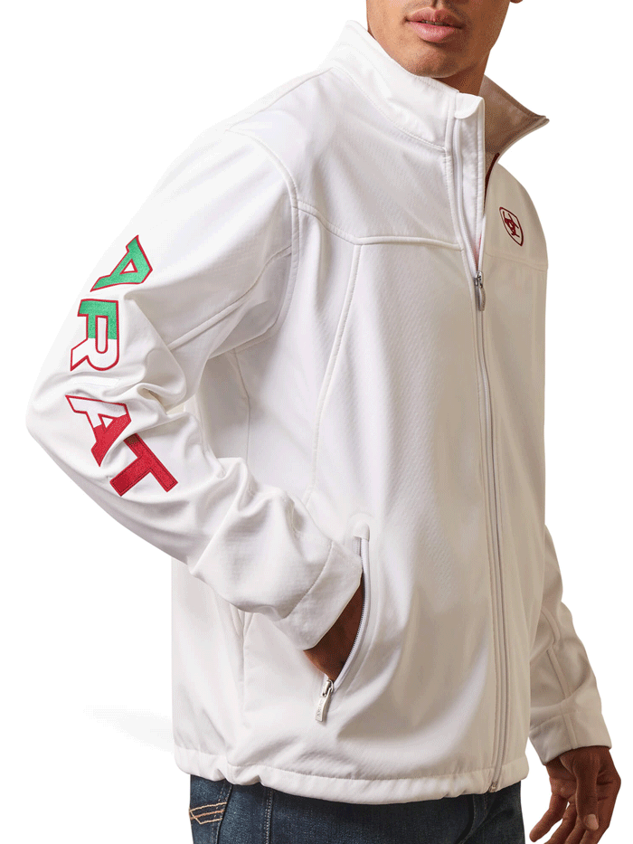 Ariat Men's New Team Softshell Jacket - Mexico Edition in White | Water-Resistant & Breathable for Outdoor Work & Casual Wear