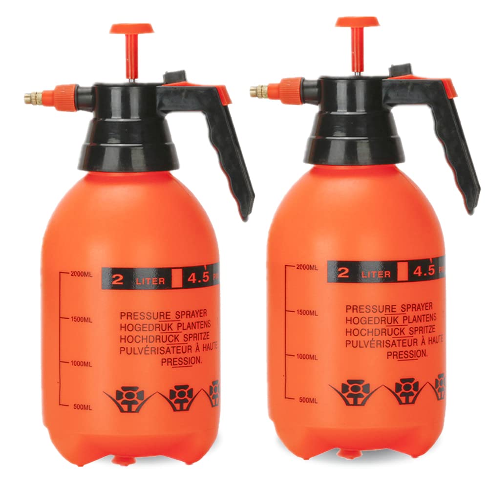 2 Pack 2L Handheld Garden Pump Sprayer - 0.5 Gallon Water Mist Spray Bottle for Plants, Lawn & Weed Control with Adjustable Brass Nozzle (Orange) - Perfect for Outdoor Gardening, Fertilizing & Pest Control