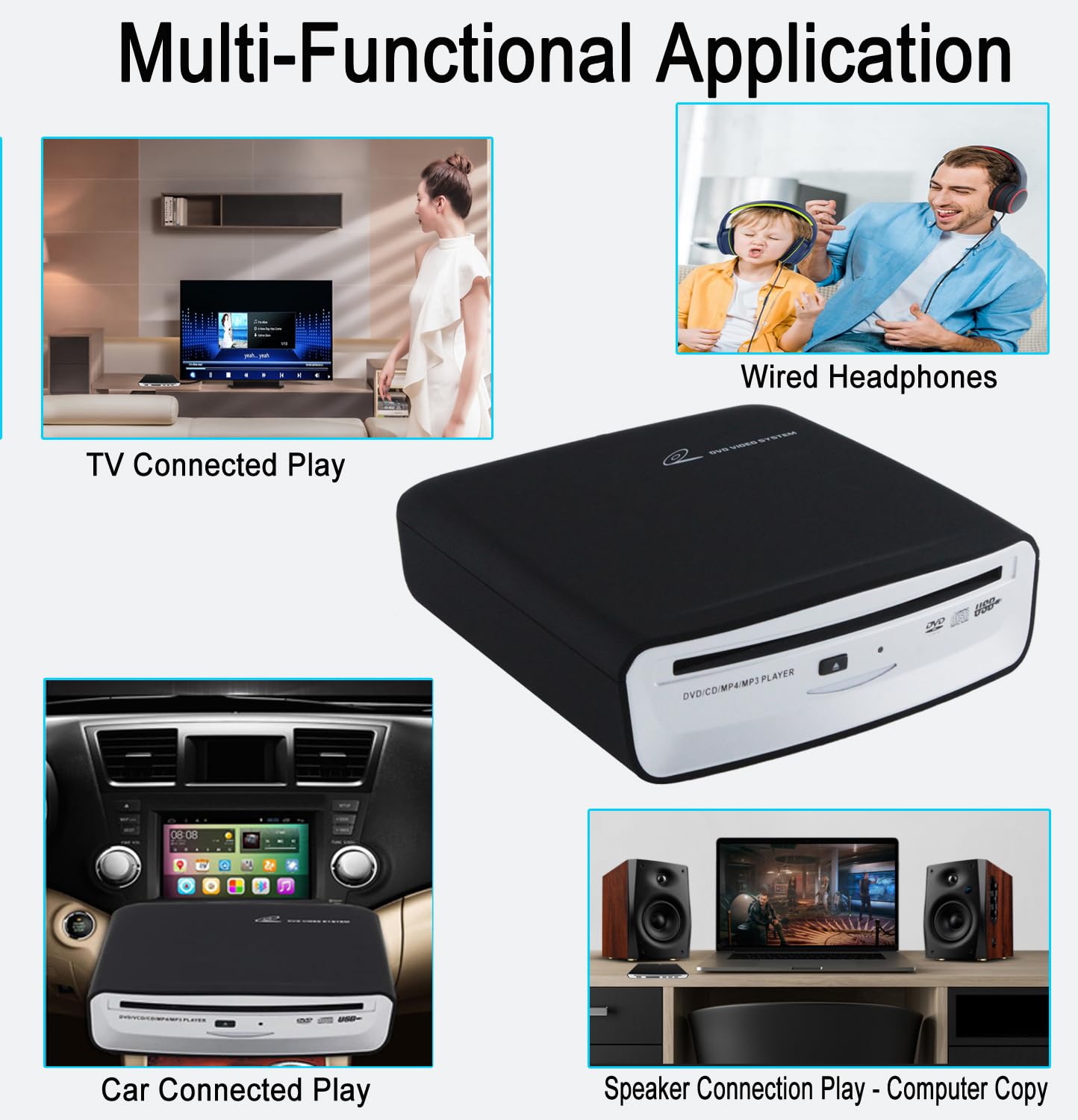 Portable USB CD Player for Car - Universal External CD Drive Compatible with Laptop, Desktop, TV, Mac & Computer - Plug & Play with USB/AUX Ports - Perfect for Road Trips & Home Entertainment