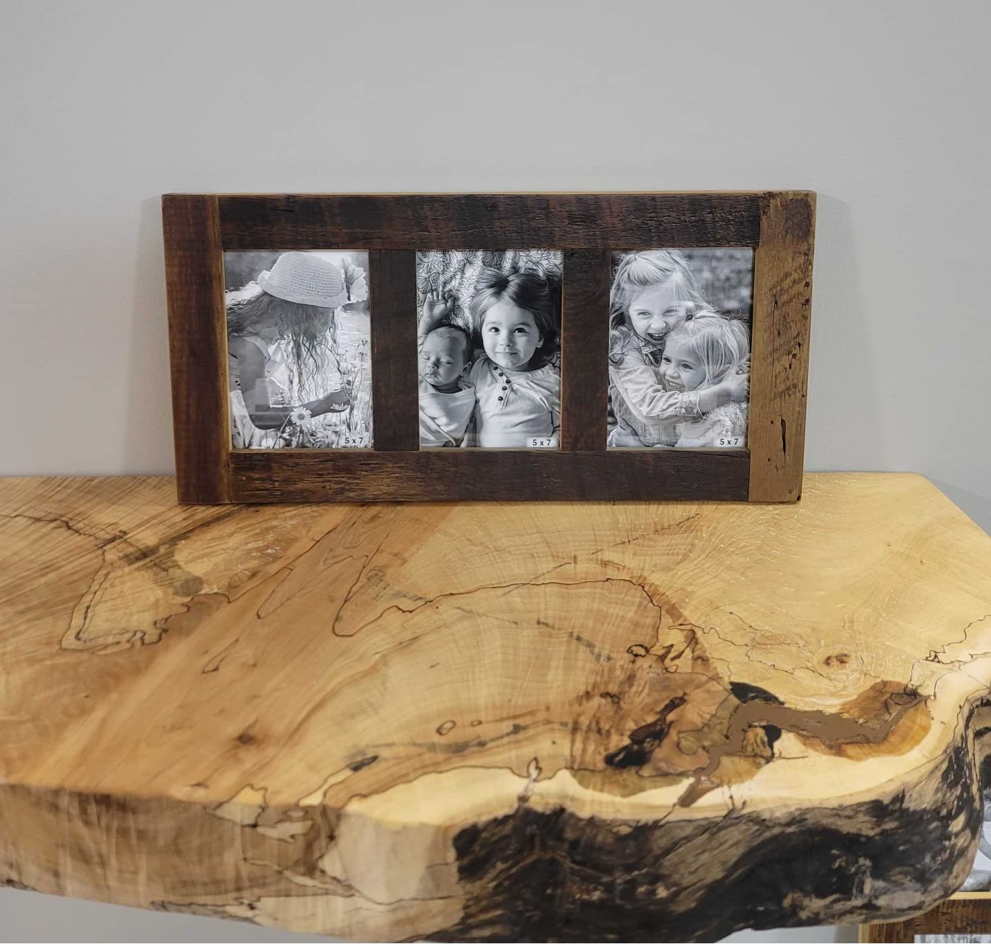 Rustic Reclaimed Barnwood Photo Frame - Multi Opening Wall Collage for 5x7 Pictures - Floating Display with 3 Openings - Perfect for Living Room, Bedroom & Office Decor