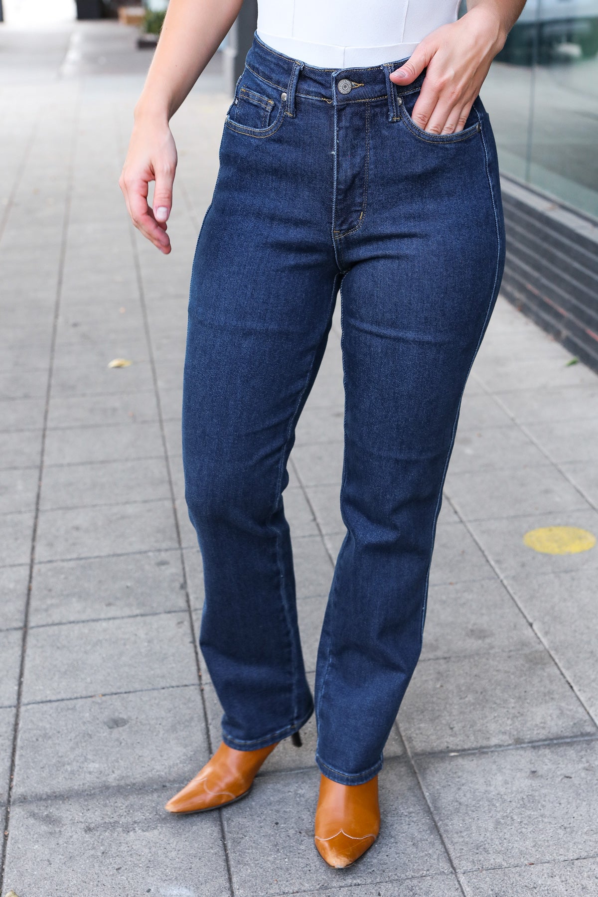 Judy Blue Dark Wash High Waisted Straight Fit Jeans for Women - Comfortable Stretch Denim Pants for Casual Wear & Everyday Outfits