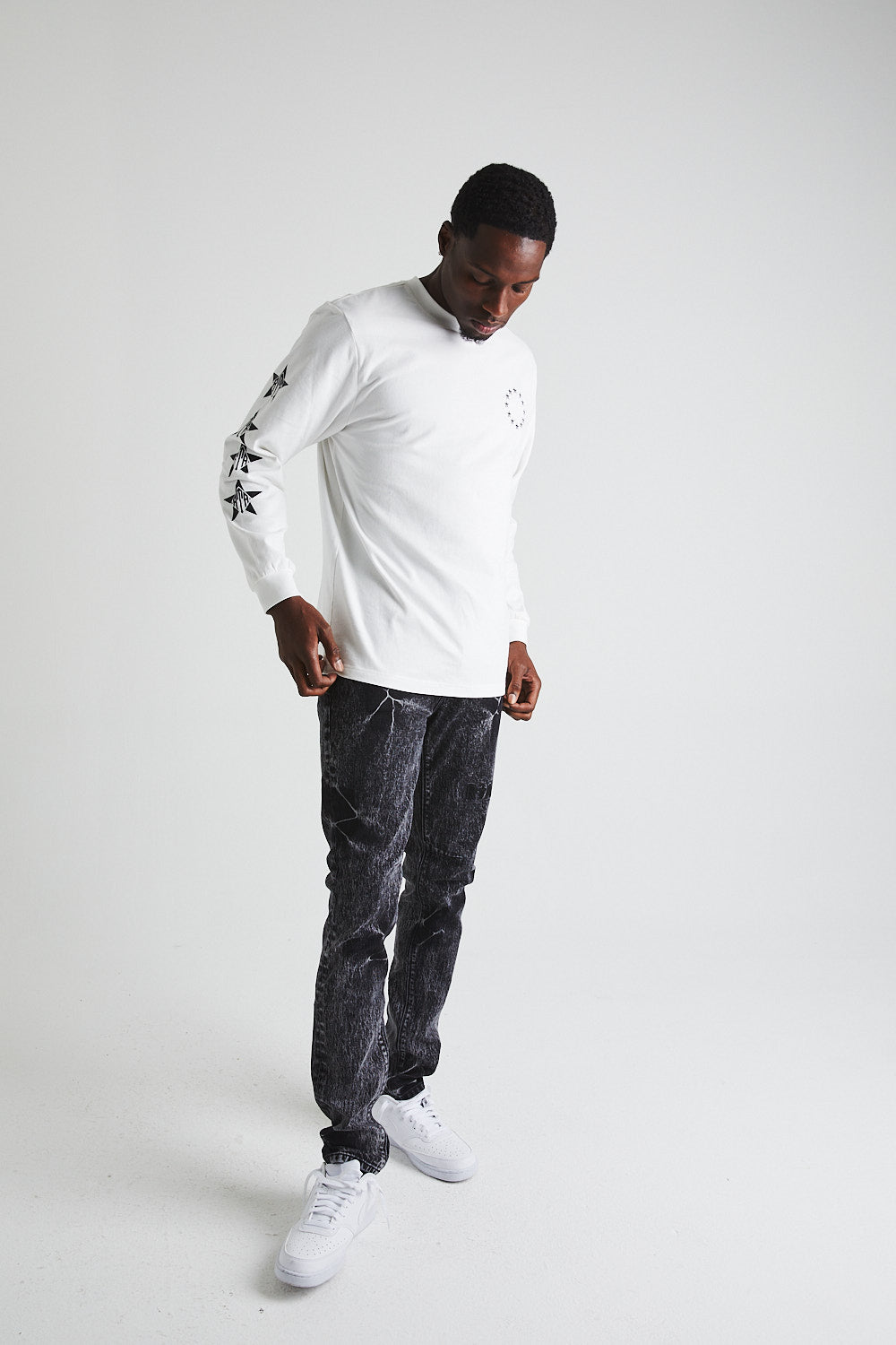 LAWRENCE Long Sleeve T-Shirt for Men - Soft Cotton Crewneck Tee in White & Black Cherry Print | Casual Wear, Street Style, Everyday Outfit