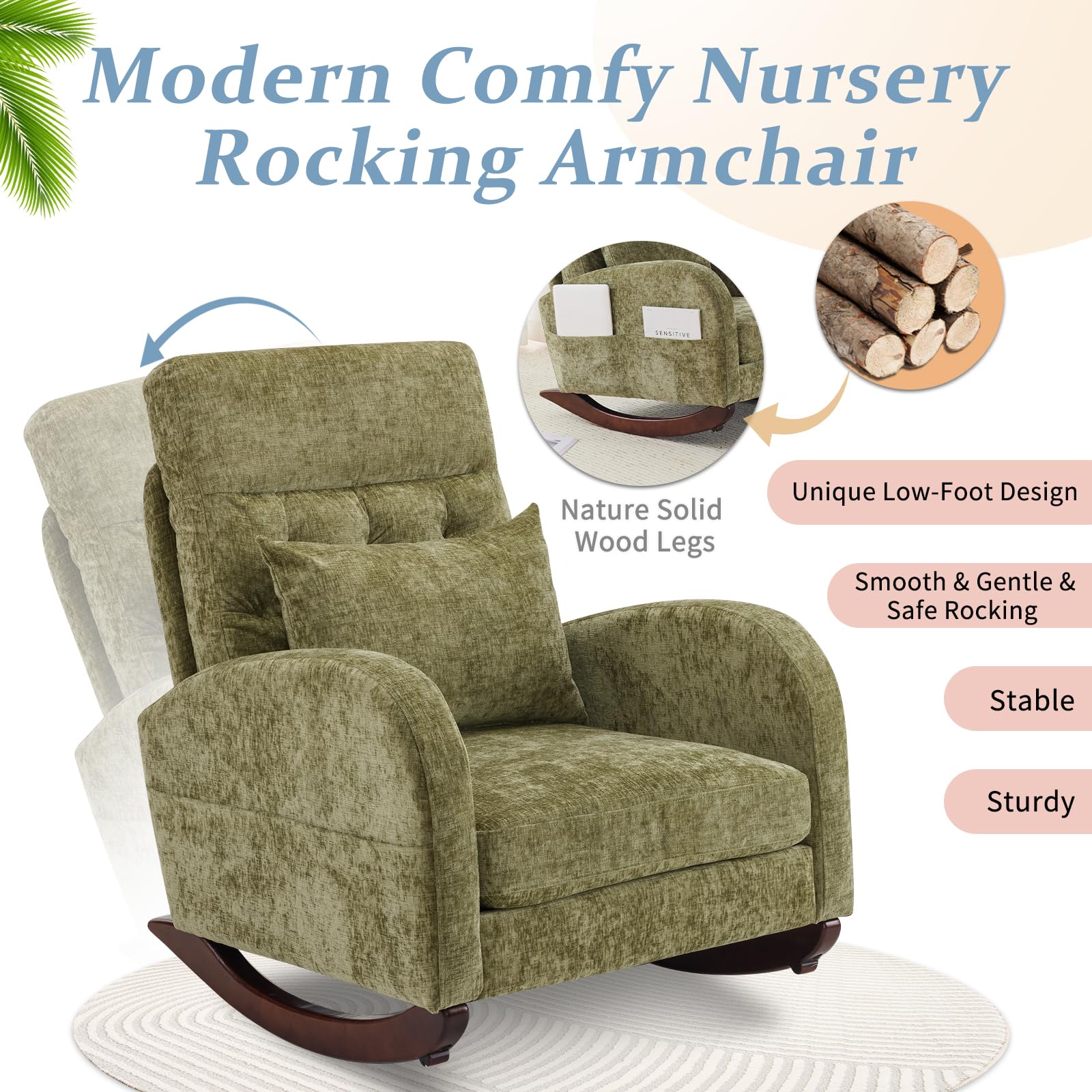 VINGLI Chenille Low Seat Rocking Chair - Upholstered Nursery Glider with Side Pockets, High Back Accent Armchair, Solid Wood Frame, Comfortable Headrest for Living Room, Bedroom, Nursery or Balcony (Olive Green) - Perfect for Nursing, Reading & Relaxing