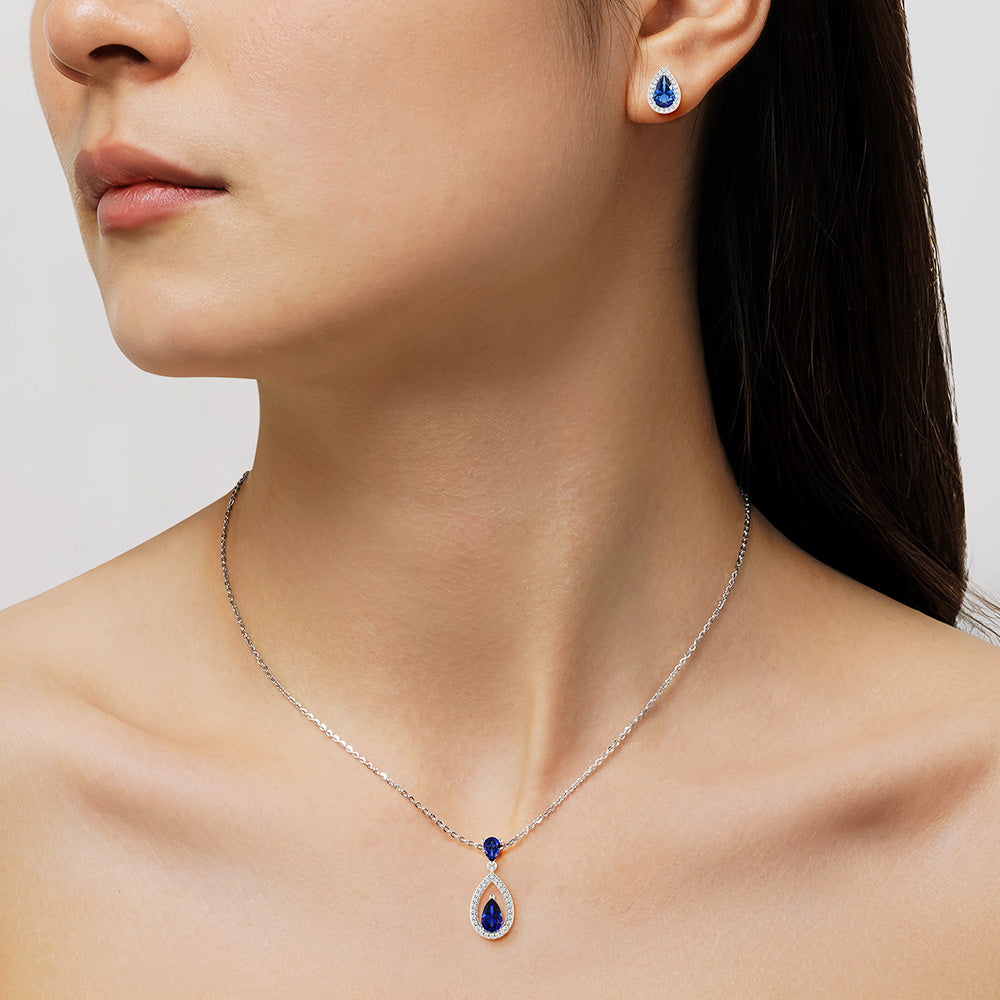 Blue Sapphire Drop Pendant & Halo Stud Earrings Set - Sterling Silver Jewelry Gift for Women, Birthday, Anniversary, Wedding | Elegant Necklace and Earrings for Party, Date Night, Special Occasions