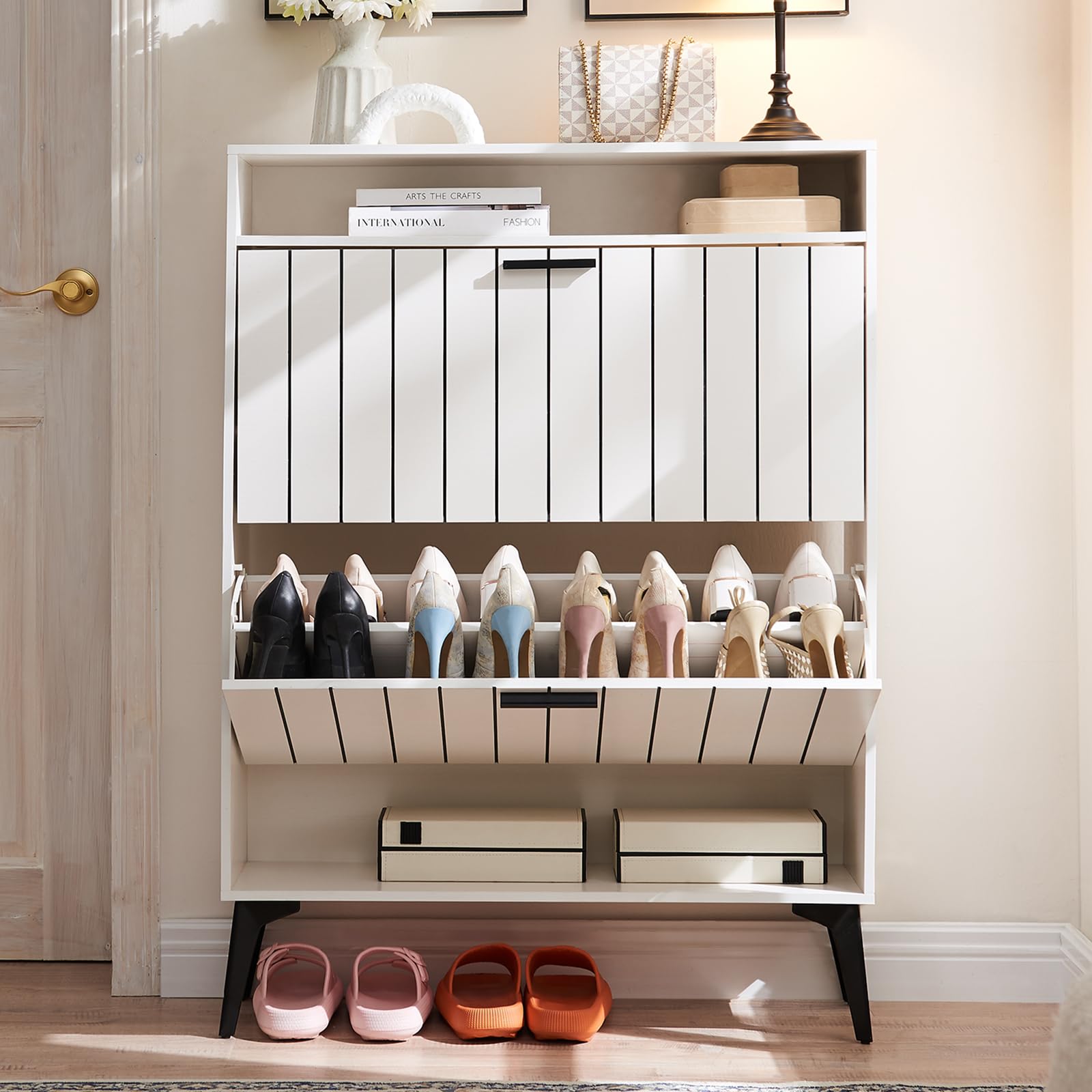 16-Pair Shoe Storage Cabinet with 2 Flip Drawers & Open Rack - Slim Freestanding Shoe Organizer for Entryway, Hallway, Apartment & Closet (White) - Perfect for Small Spaces & Home Organization