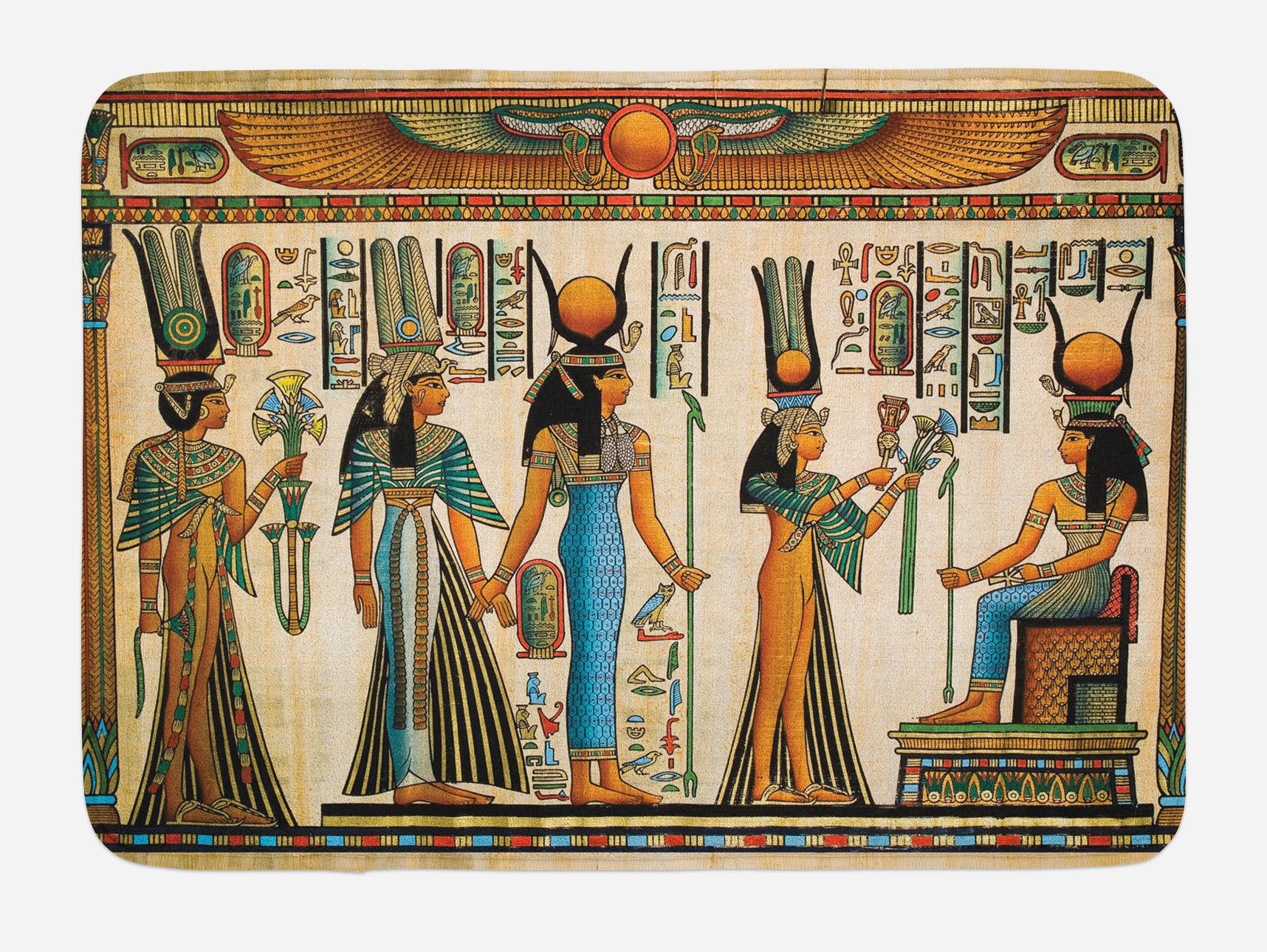 Premium Egyptian Print Bath Mat - Queen Nefertari Offering to Isis Design, Soft Plush Bathroom Rug with Non-Slip Backing, 30.2