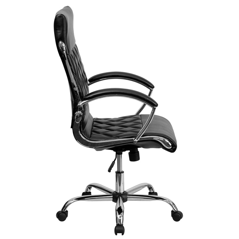 FLASH Merideth High Back Designer Quilted Black LeatherSoft Executive Office Chair - Ergonomic Swivel Chair with Chrome Base & Adjustable Arms for Home Office, Conference Room, and Workspace
