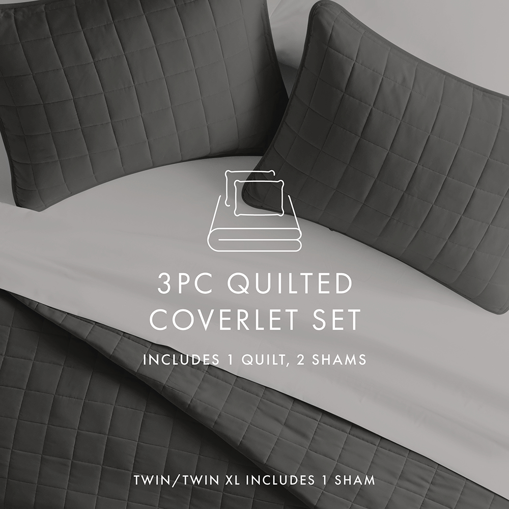 3 Piece Square Quilted Coverlet Set - Queen Size Bedding Set with Matching Pillow Shams - Perfect for Guest Rooms, Master Bedrooms & Cozy Home Decor