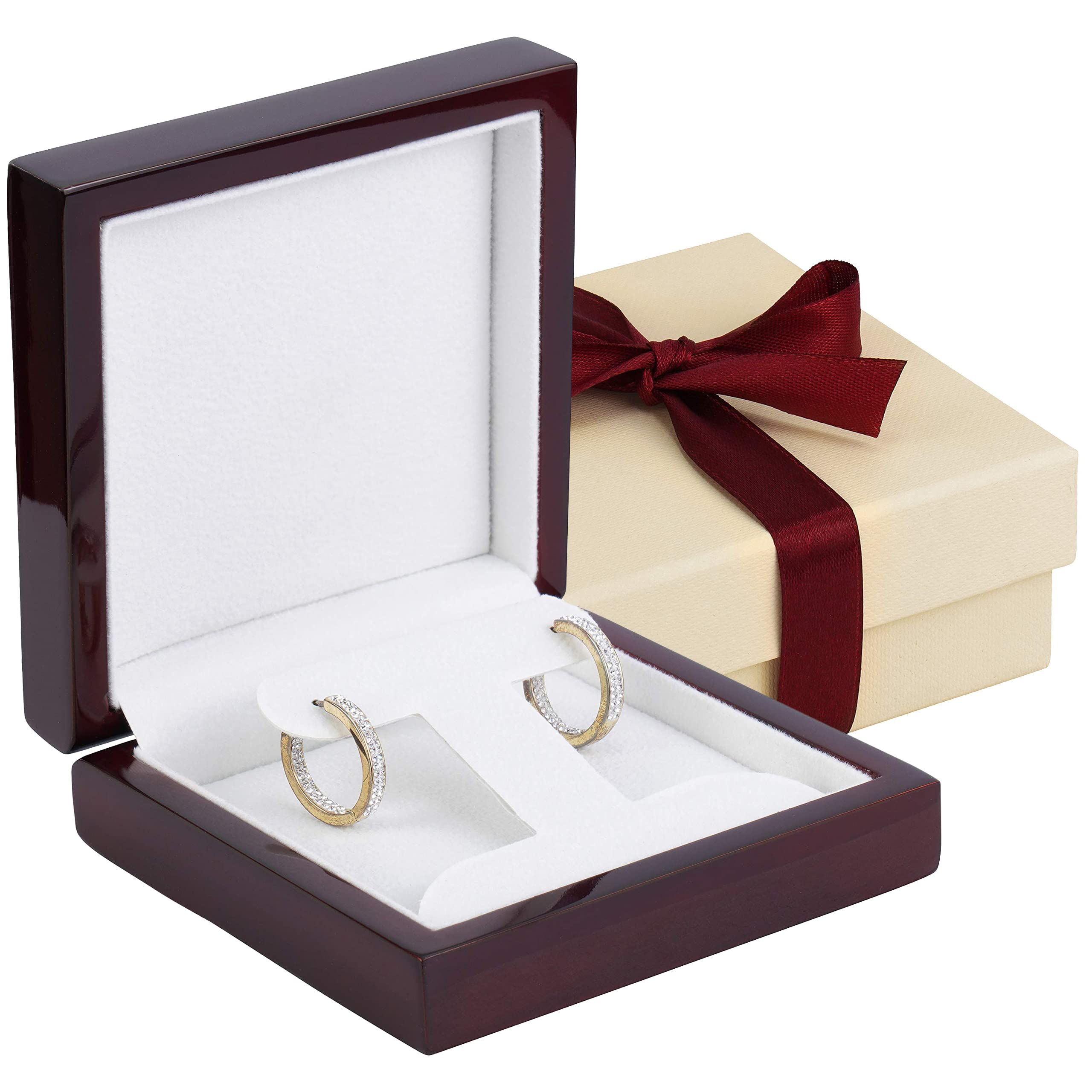 Luxury Mahogany Wood Earring Gift Box with Reversible Pad - French Clip Jewelry Storage for Earrings & Pendants - Includes 2 Piece Packer & Ribbon - Perfect for Wedding, Anniversary & Birthday Gifts