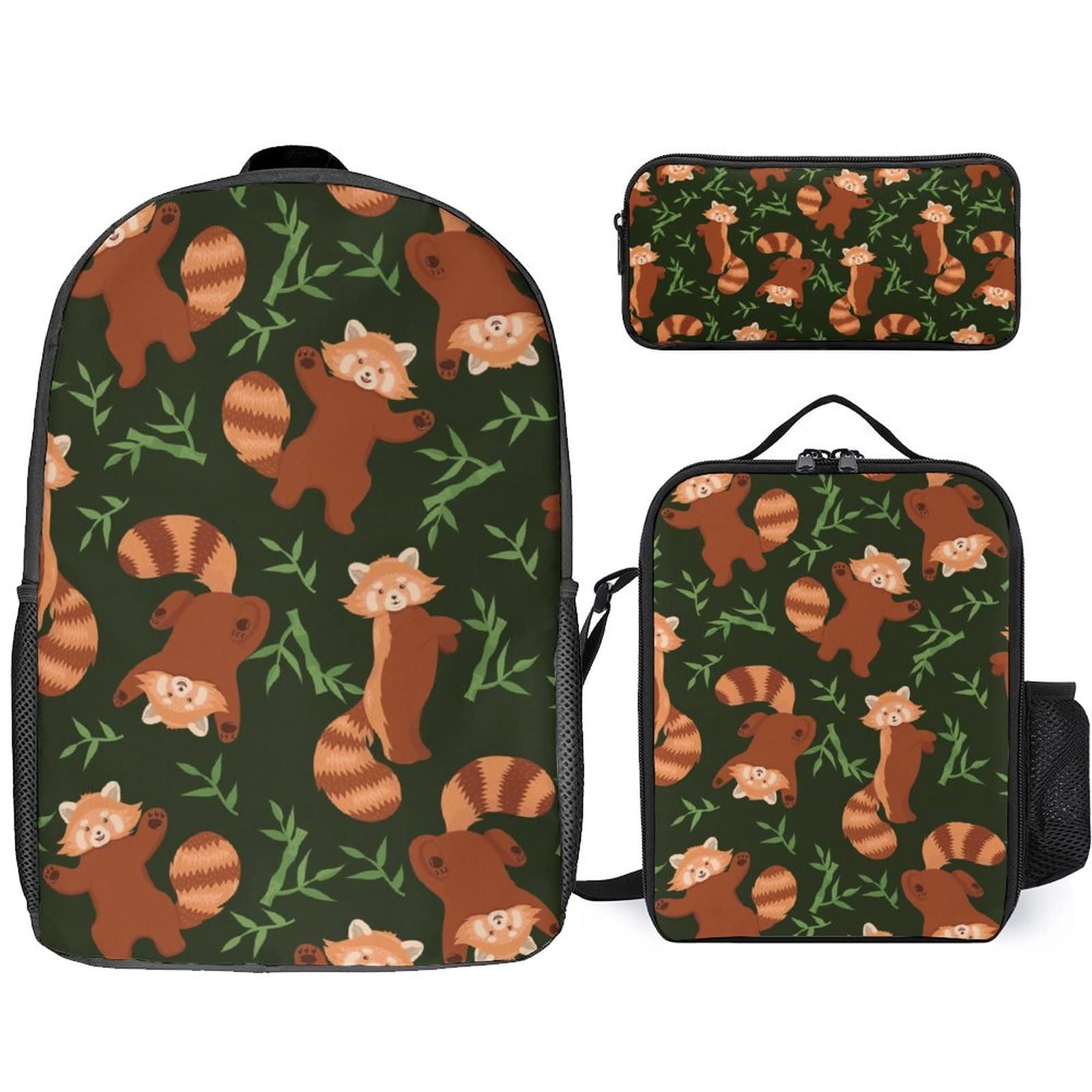 Red Panda and Bamboo Leaves 3-Piece Backpack Set - School Backpack with Lunch Bag & Pencil Case, Large Capacity Rucksack Combo for Adults & Kids | Perfect for School, Travel, and Outdoor Adventures