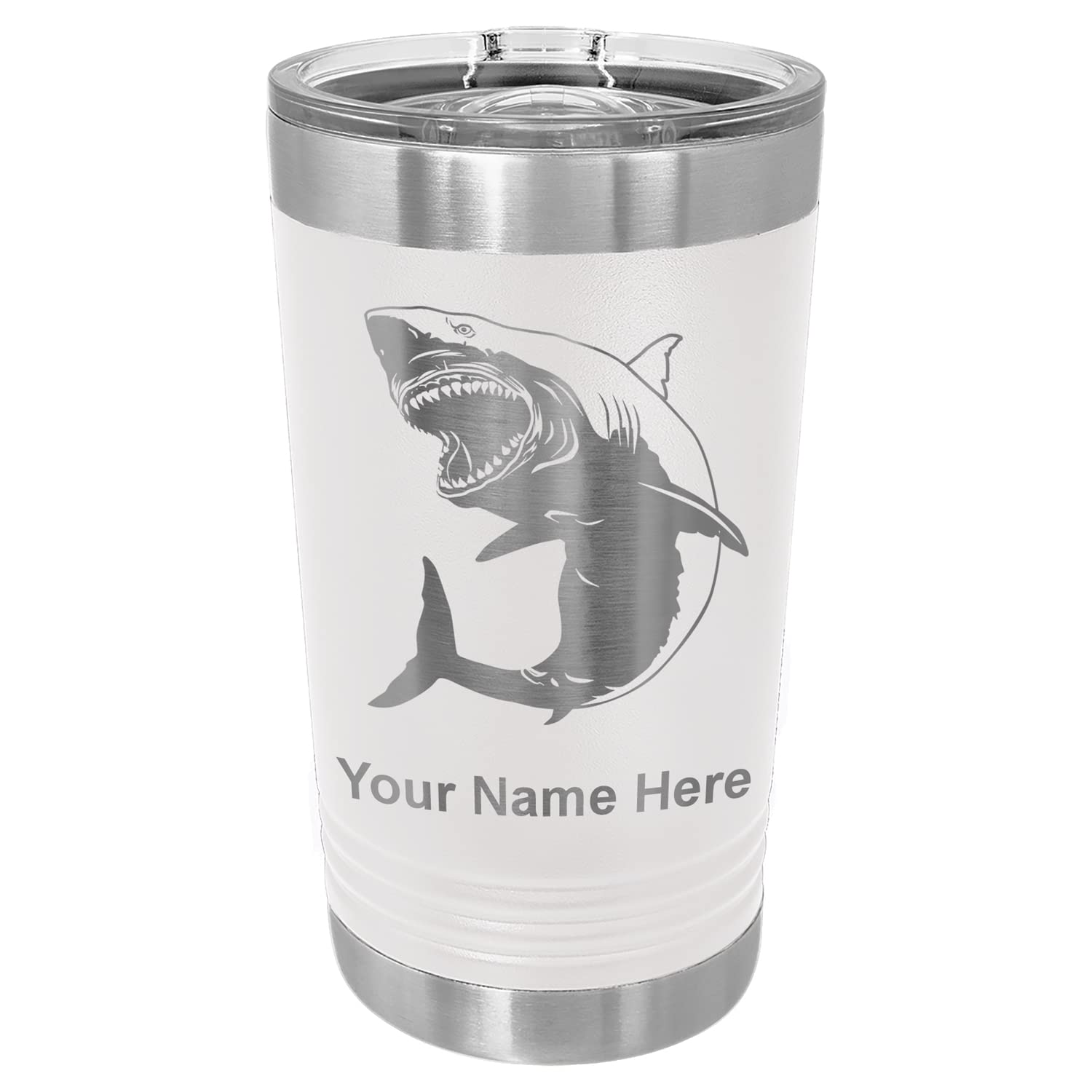 LaserGram 16oz Vacuum Insulated Stainless Steel Tumbler with Personalized Engraving - Great White Shark Design, Double Wall Insulation for Hot & Cold Drinks, Perfect for Office, Gym, Travel & Outdoor Activities (White)
