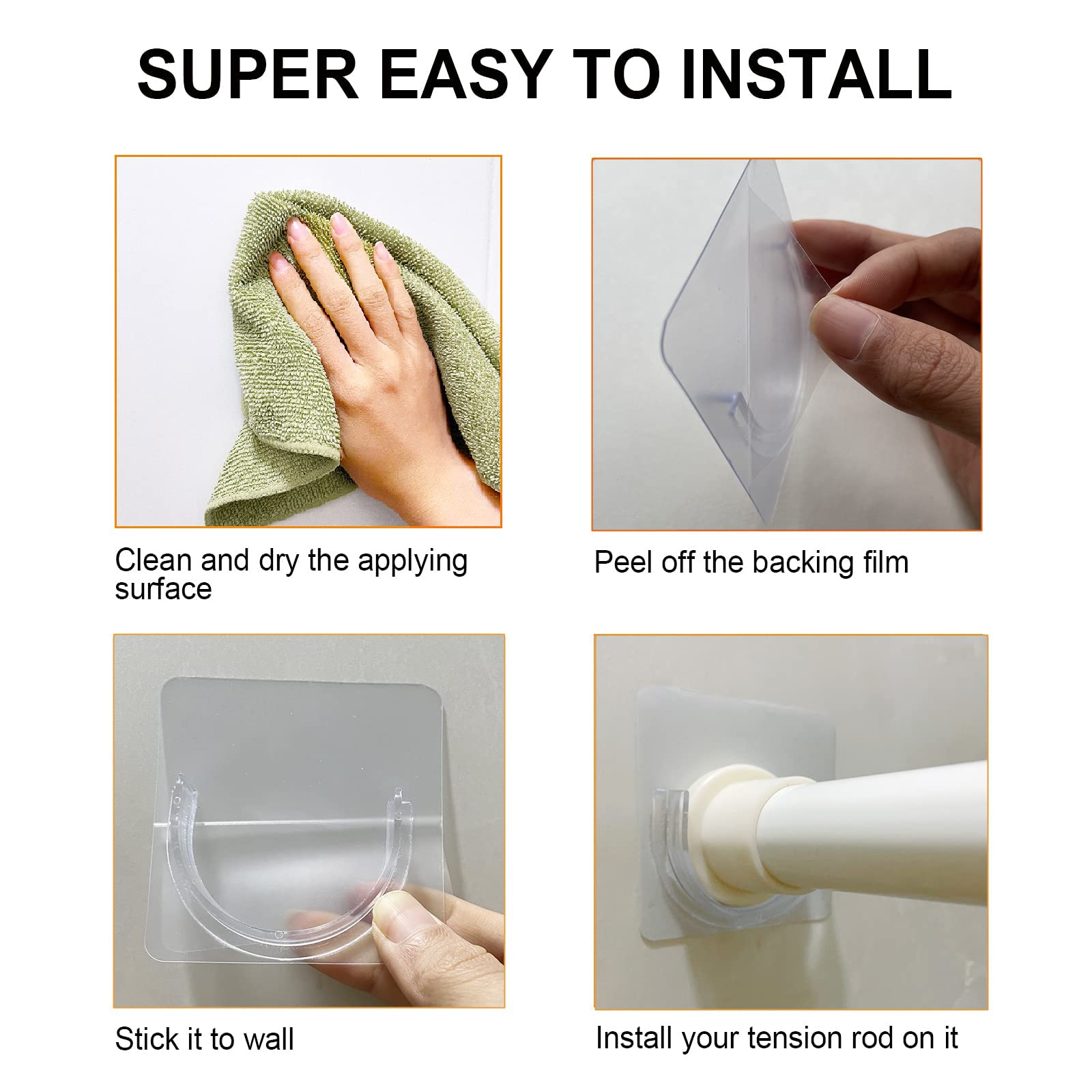 No Drill Adhesive Shower Rod Holder - Tension Mount Curtain Rod Bracket, Clear Transparent Shower Rod Retainer (4 Pack) - Perfect for Bathrooms, Showers & Home Decor