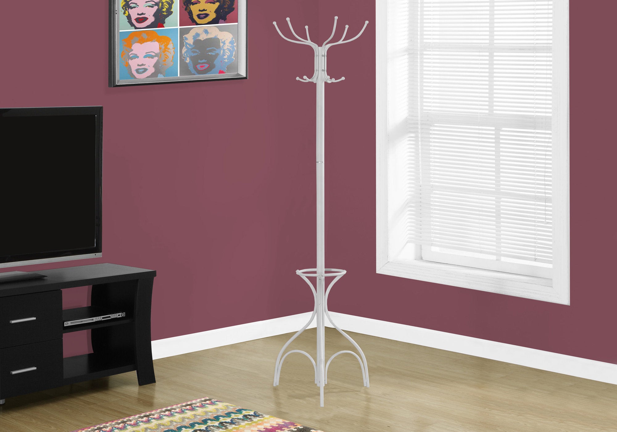 White Metal Coat Rack with Umbrella Holder - 70 Inch Tall Standing Coat Stand for Entryway, Hallway & Mudroom Organization