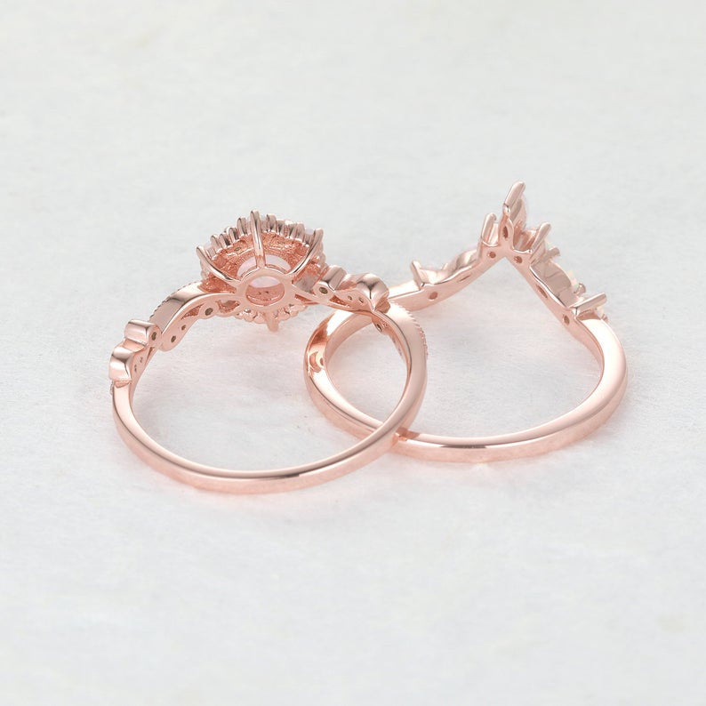 Rose Gold Moss Agate & Diamond Wedding Ring Set - Opal Bridal Jewelry for Women - Perfect for Engagement, Anniversary & Special Occasions