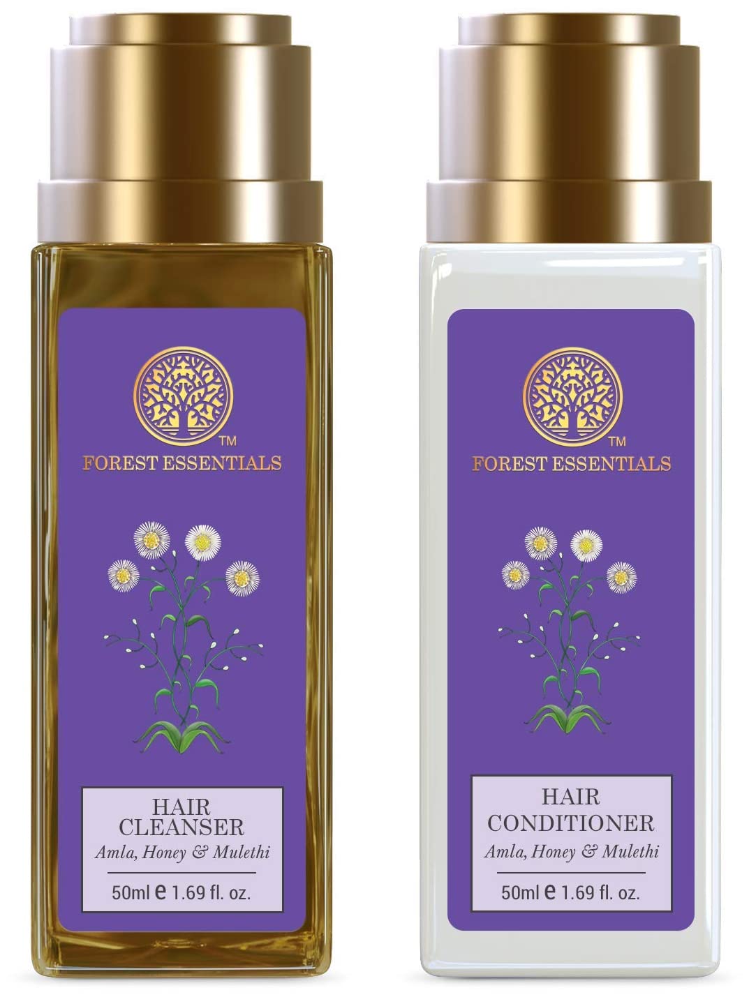 Forest Essentials Travel Size Hair Care Set - Amla Honey & Mulethi Conditioner 50ml + Cleanser 50ml | Natural Ayurvedic Shampoo & Conditioner Duo for Dry Damaged Hair | Perfect for Travel Gym & On-the-Go Hair Care