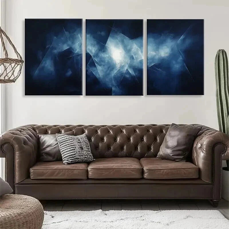 3-Piece Abstract Blue Geometric Wall Art Set with Light Effects - 60x90cm Framed Canvas Prints - High Quality Australian Made - Ready to Hang - Perfect for Living Room, Bedroom & Office Decor