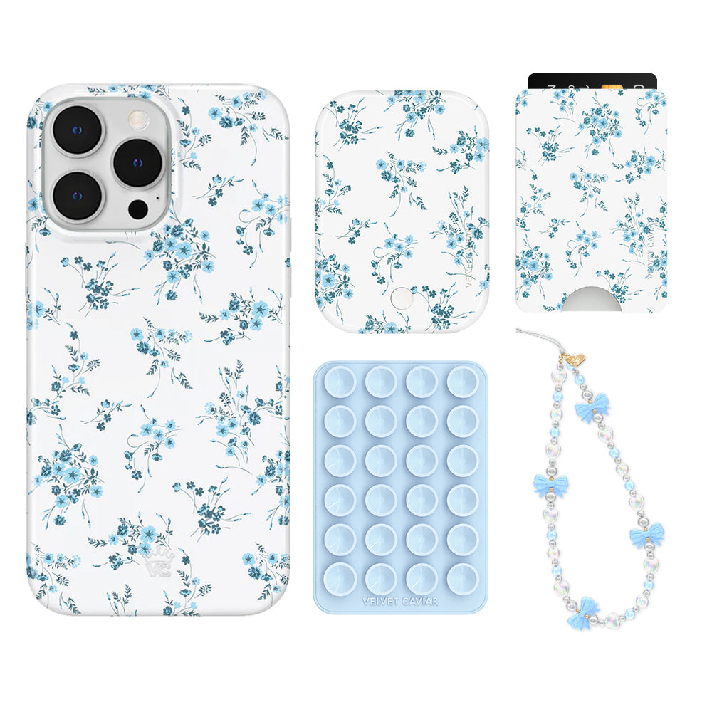 French Blue Floral iPhone Case with Wallet - Slim Protective Phone Cover & Card Holder for iPhone 13/14/15 Pro Max - Perfect for Travel, Shopping, and Everyday Use