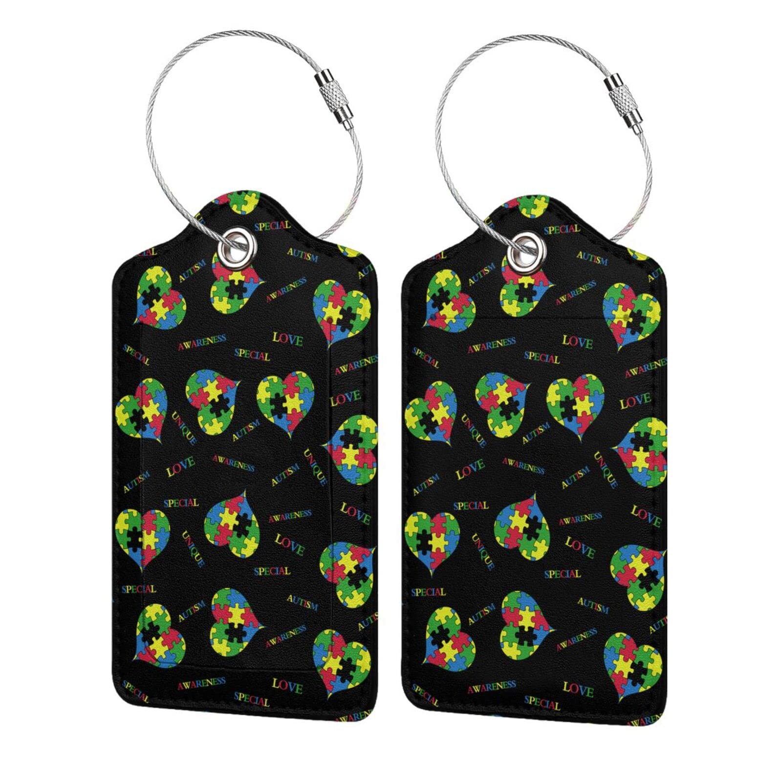 2 PCS Colorful Heart Puzzle PU Leather Luggage Tags with Stainless Steel Loop - Stylish Travel ID Tags for Suitcases, Backpacks & Bags - Perfect for Women, Men & Kids - Great Gift Idea for Travelers - Use for Vacations, Business Trips & Air Travel