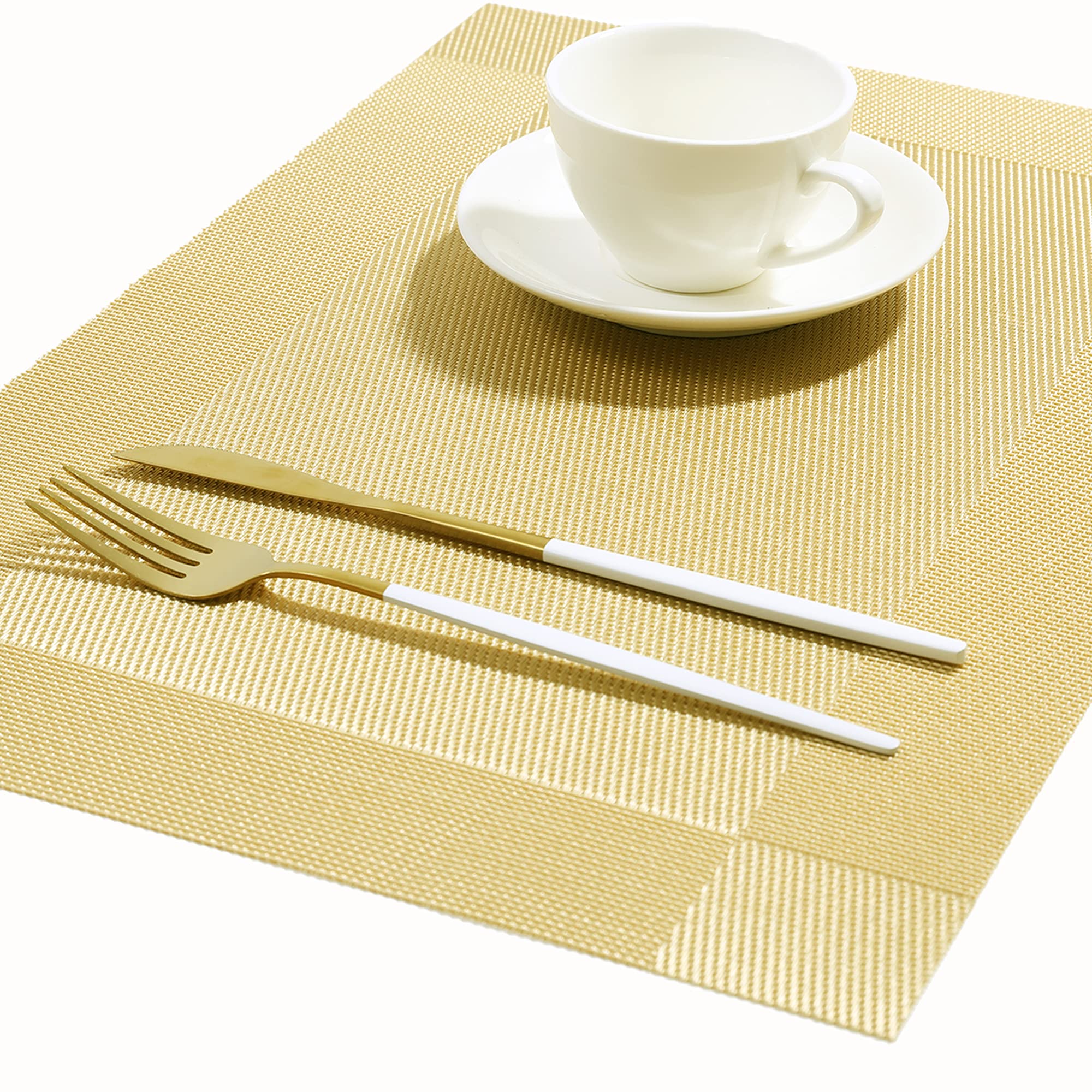 Jeloris Set of 6 Non-Slip PVC Heat Resistant Woven Placemats - Gold Table Mats for Dining, Kitchen & Party - Easy to Clean & Washable Placemat Set for Everyday Use