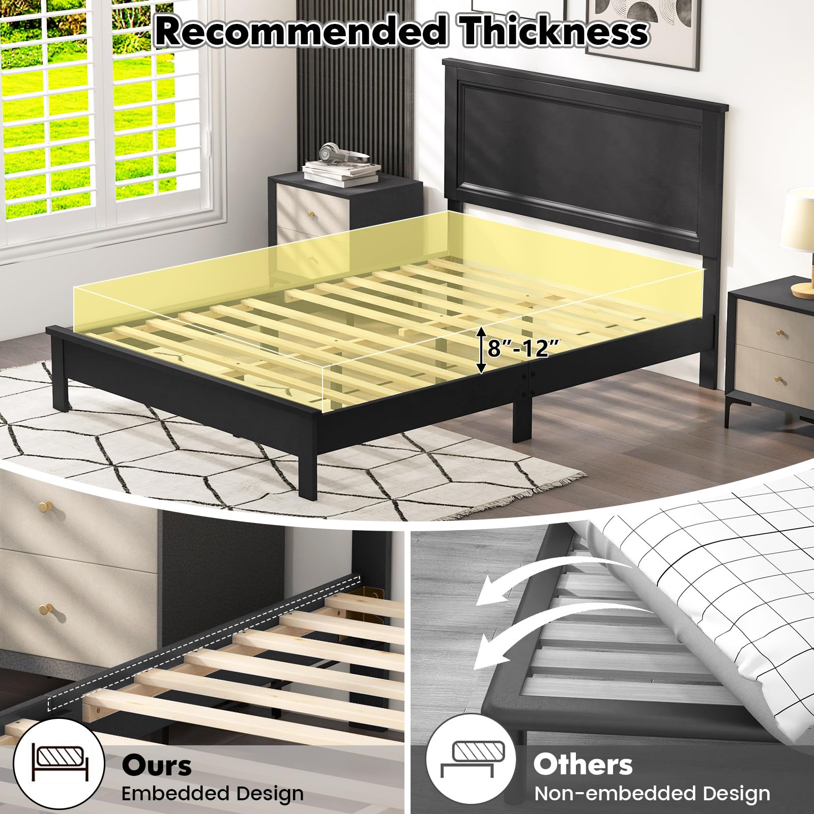 Giantex Queen Size Wooden Platform Bed Frame with Headboard - Mid Century Modern Solid Wood Legs & Wooden Slat Support - Easy Assembly 500 lbs Weight Capacity - Black Bed Frame for Bedroom, Guest Room, Dorm
