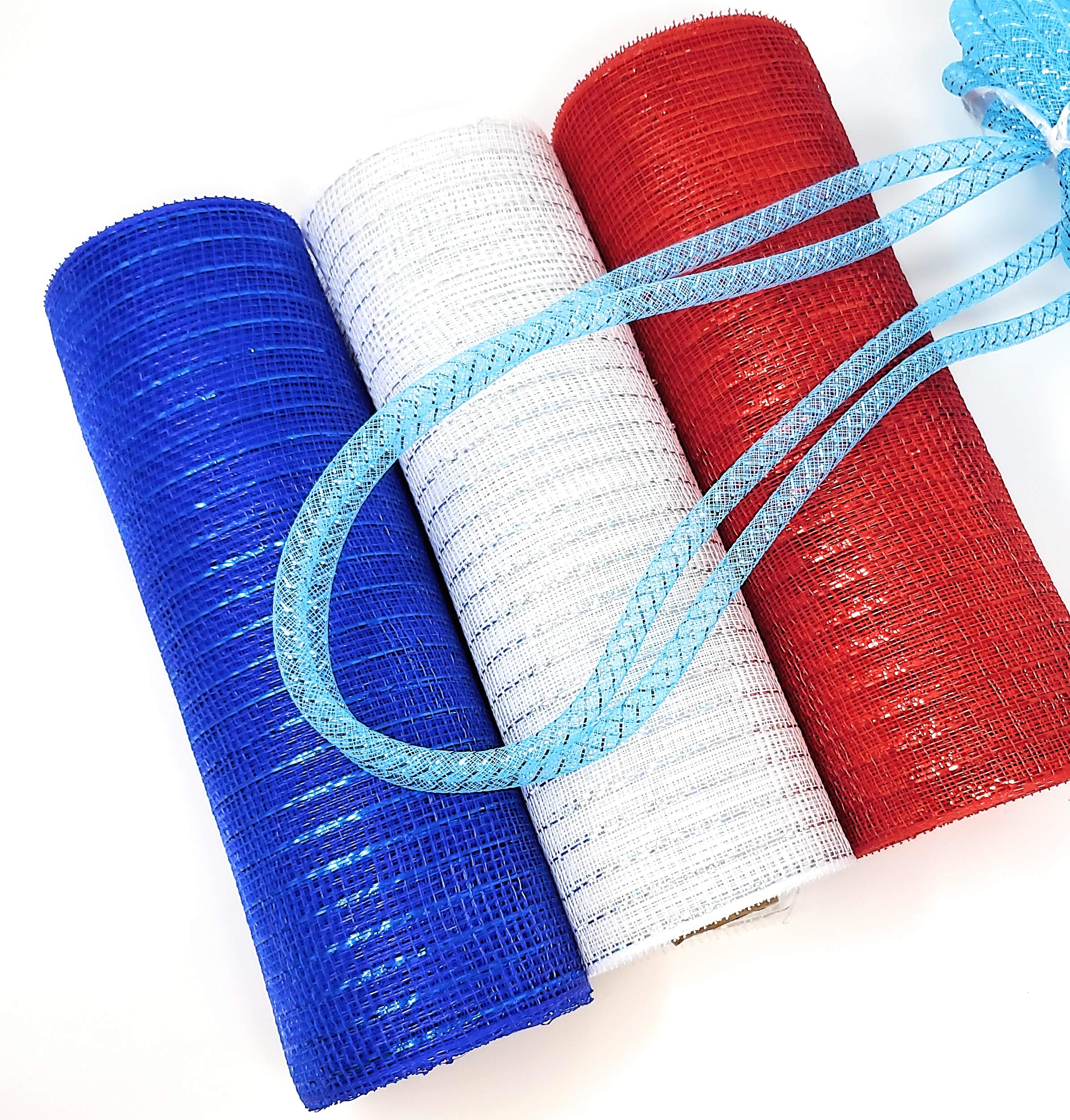 Patriotic Wreath Kit with 3 Rolls 10-Inch Deco Metallic Mesh Ribbon & 1 Mesh Tubing - DIY Holiday Decor for Front Door, Christmas, Independence Day, and Home Decoration