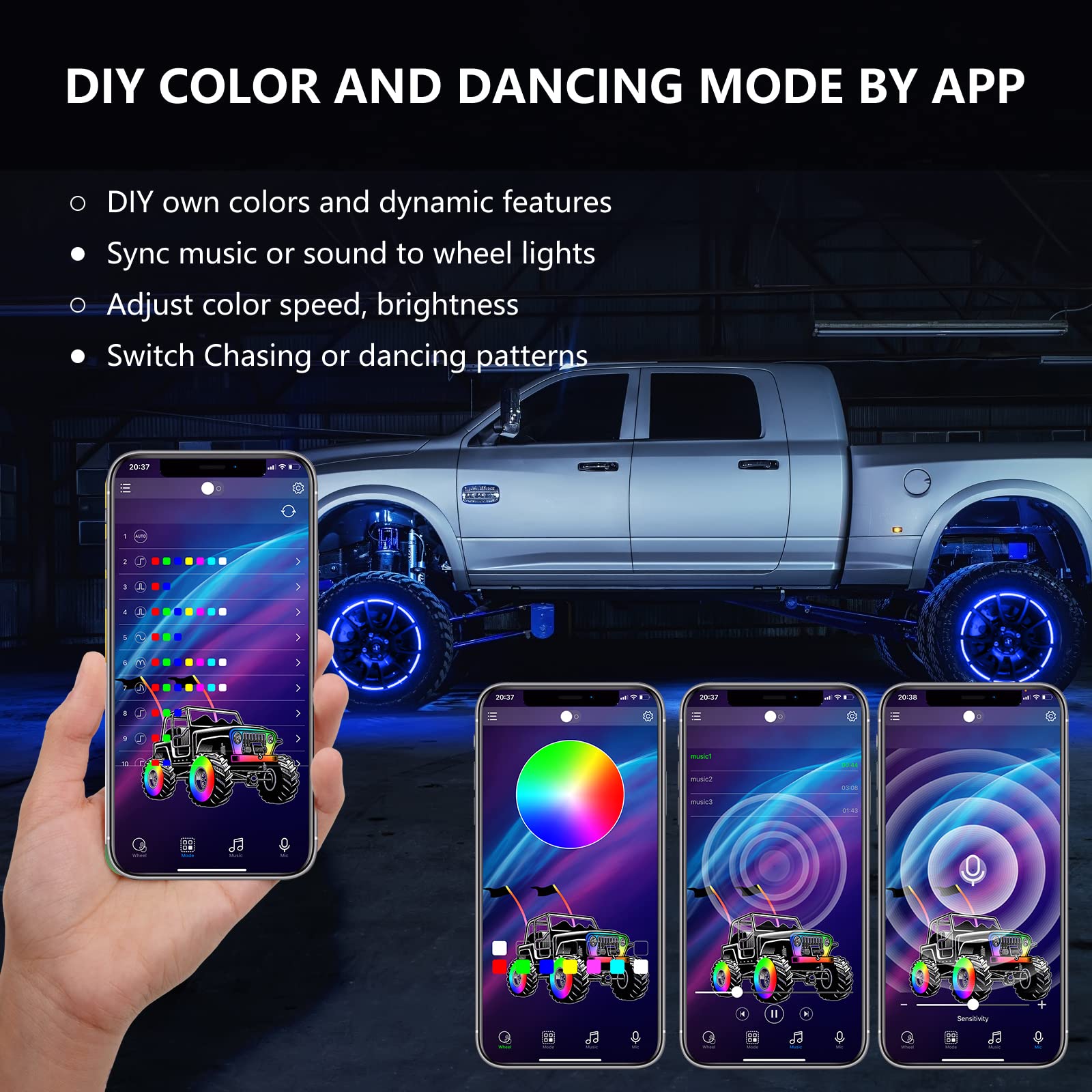 4pcs 17.5 Inch LED Wheel Rim Lights for Trucks, Cars, ATVs & UTVs - Color Changing, Remote & App Controlled with Turn Signal & Brake Function - Perfect for Off-Roading, Night Driving & Vehicle Customization
