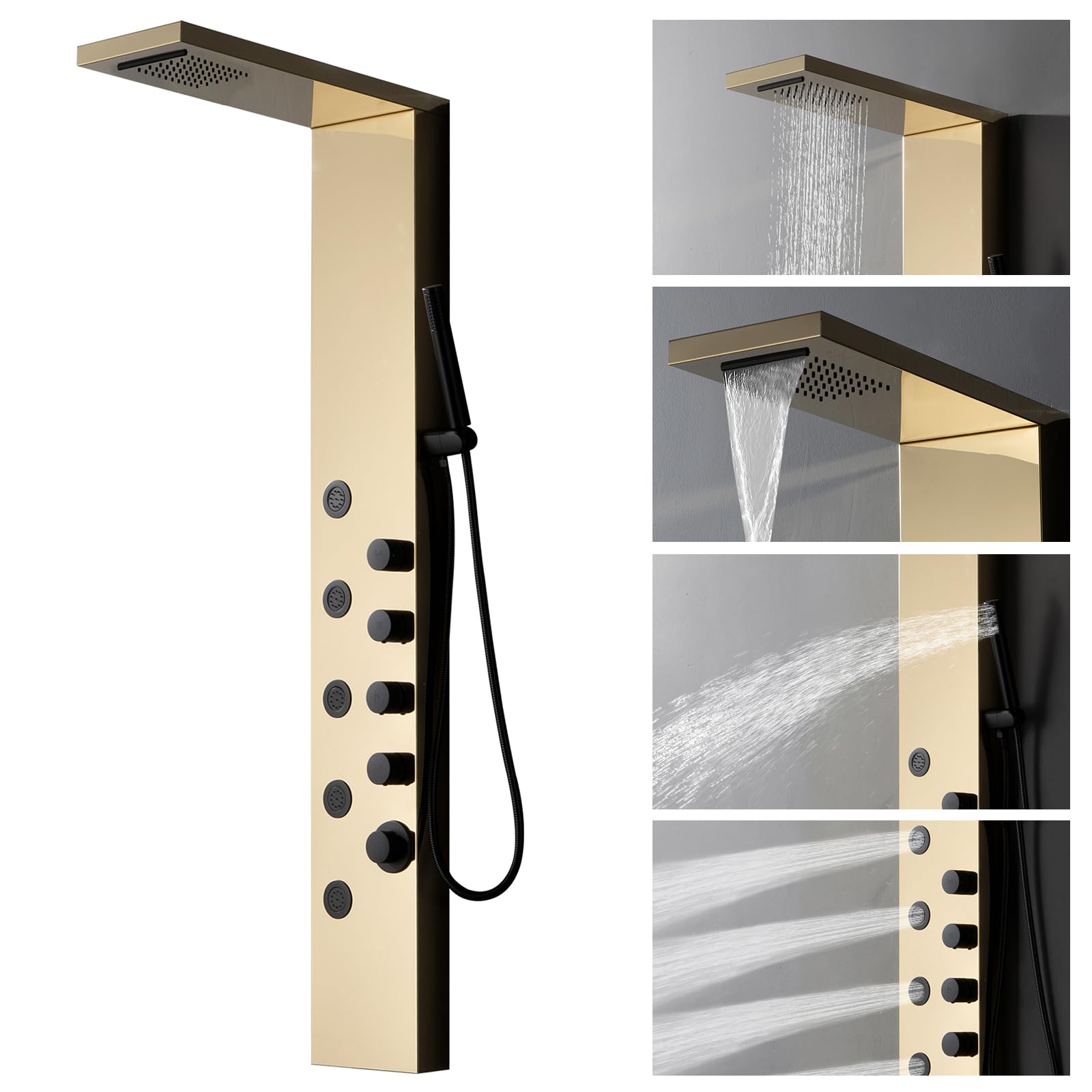 Premium Stainless Steel Rainfall Shower Panel Tower with 5 Adjustable Body Jets - Wall Mounted Waterfall Shower System in Polished Gold & Black - Perfect for Luxury Bathroom Spa Experience and Modern Home Renovation