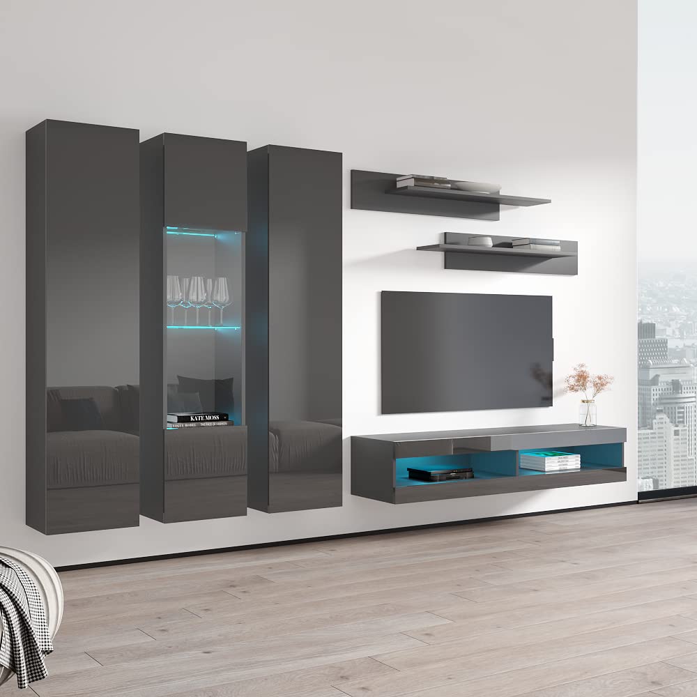 Modern Gray Wall-Mounted TV Stand with Storage Shelves & LED Lights - 34