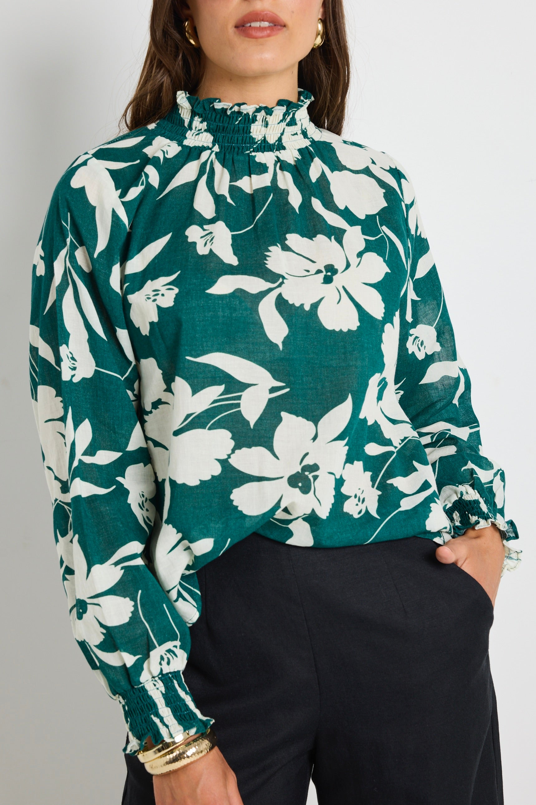 Affection Forest Floral Print Shirred High Neck Long Sleeve Blouse for Women | Elegant Spring Summer Tops | Perfect for Dating, Office & Casual Outings
