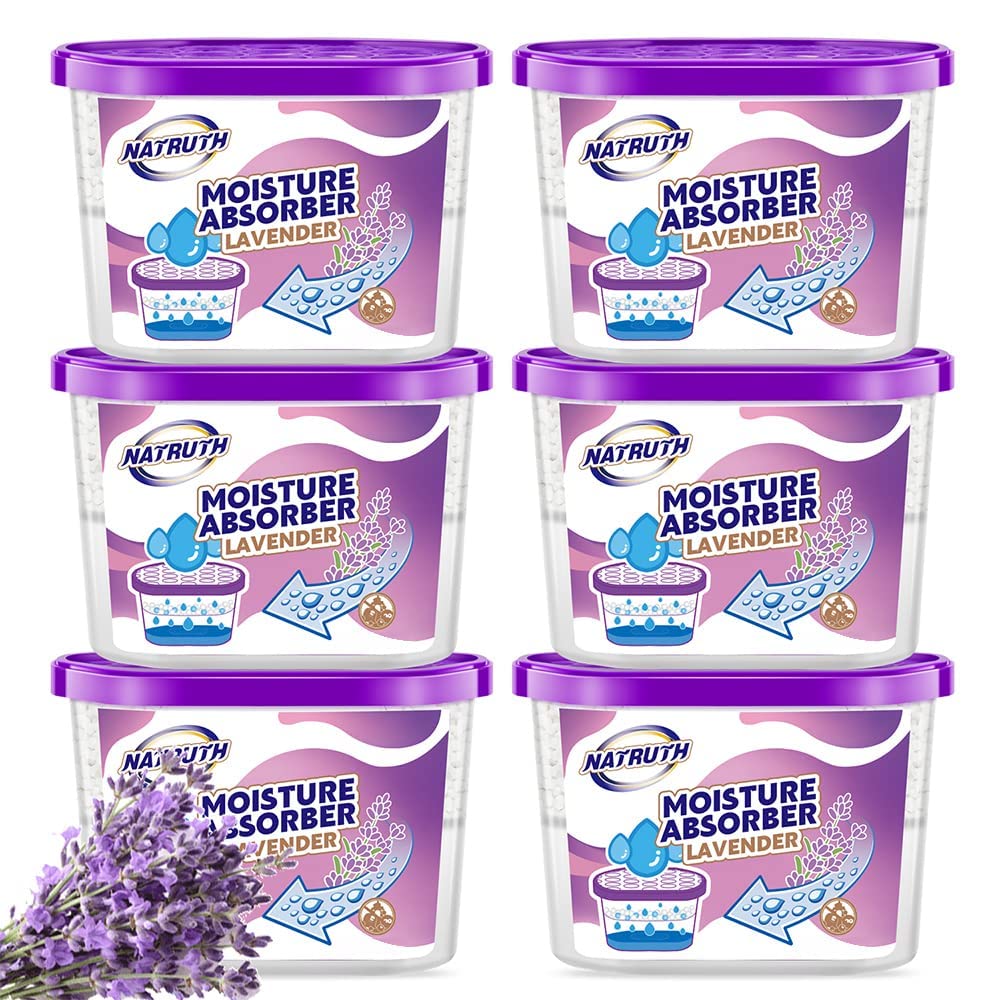 NATRUTH Moisture Absorbers 10.5OZ (6-Pack) - Lavender Scented Portable Dehumidifier for Closet, Bathroom & Boat | Odor Eliminator & Air Cleaner | Ideal for Small Spaces, Storage & Travel