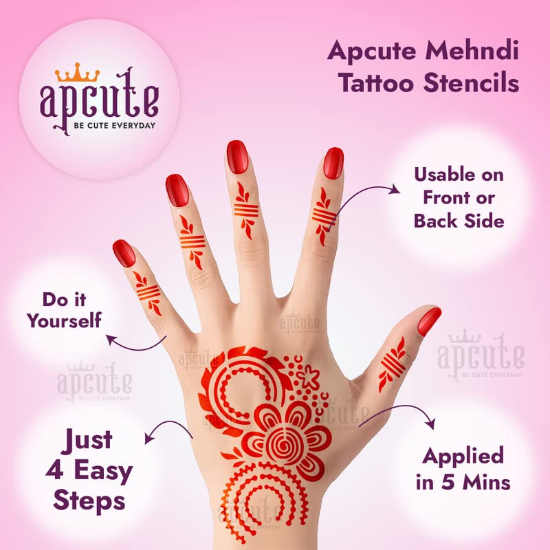 Apcute 8-Piece Full Hand Mehndi Stencil Kit | Temporary Henna Tattoo Stickers for Women & Girls | Easy 4-Step Application | Perfect for Weddings, Festivals & Cultural Events (Designs 208, 124, 108, 109)