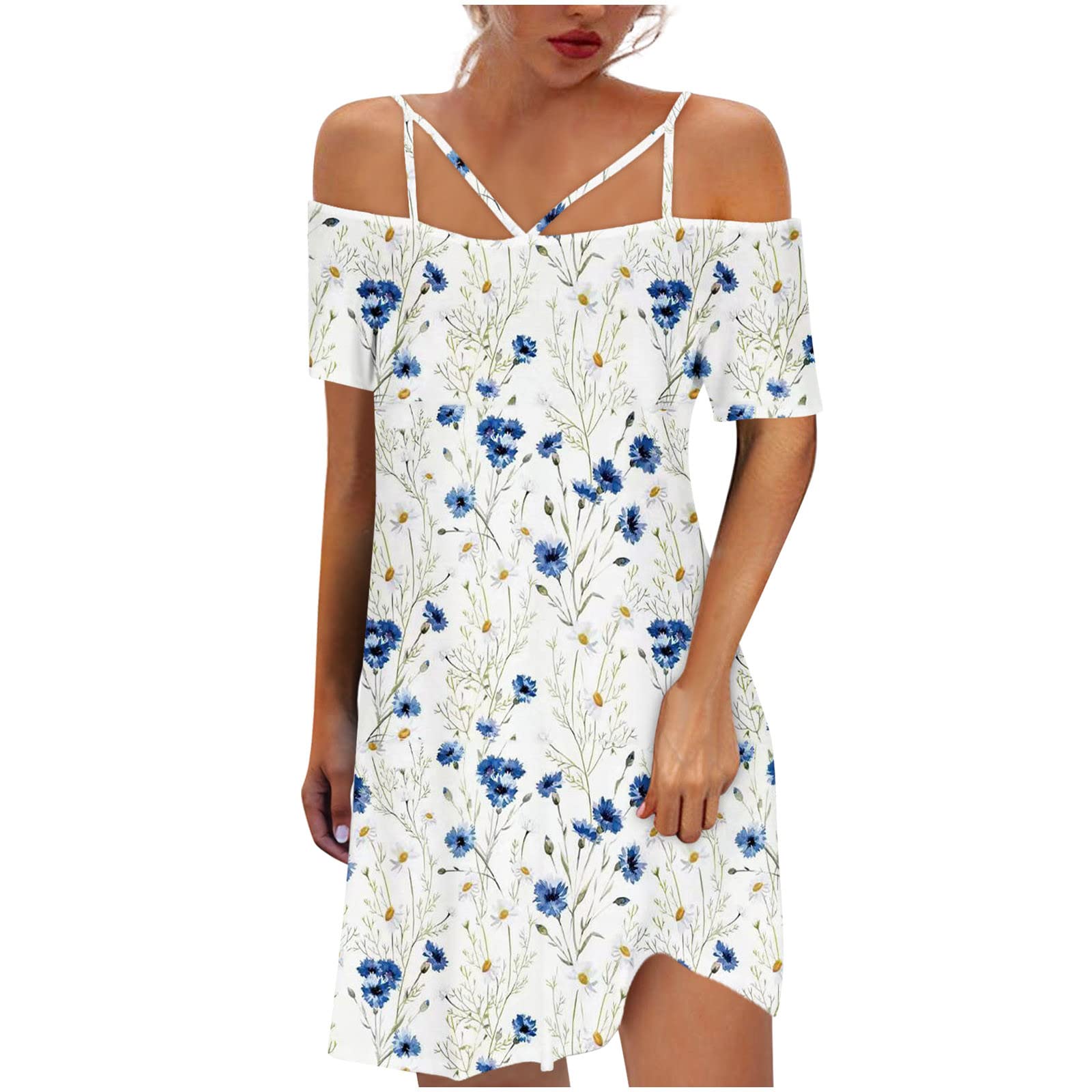Women's Off Shoulder Summer Dress - Short Sleeve Spaghetti Strap Casual Sundress with Floral Print for Beach, Vacation & Outdoor Activities
