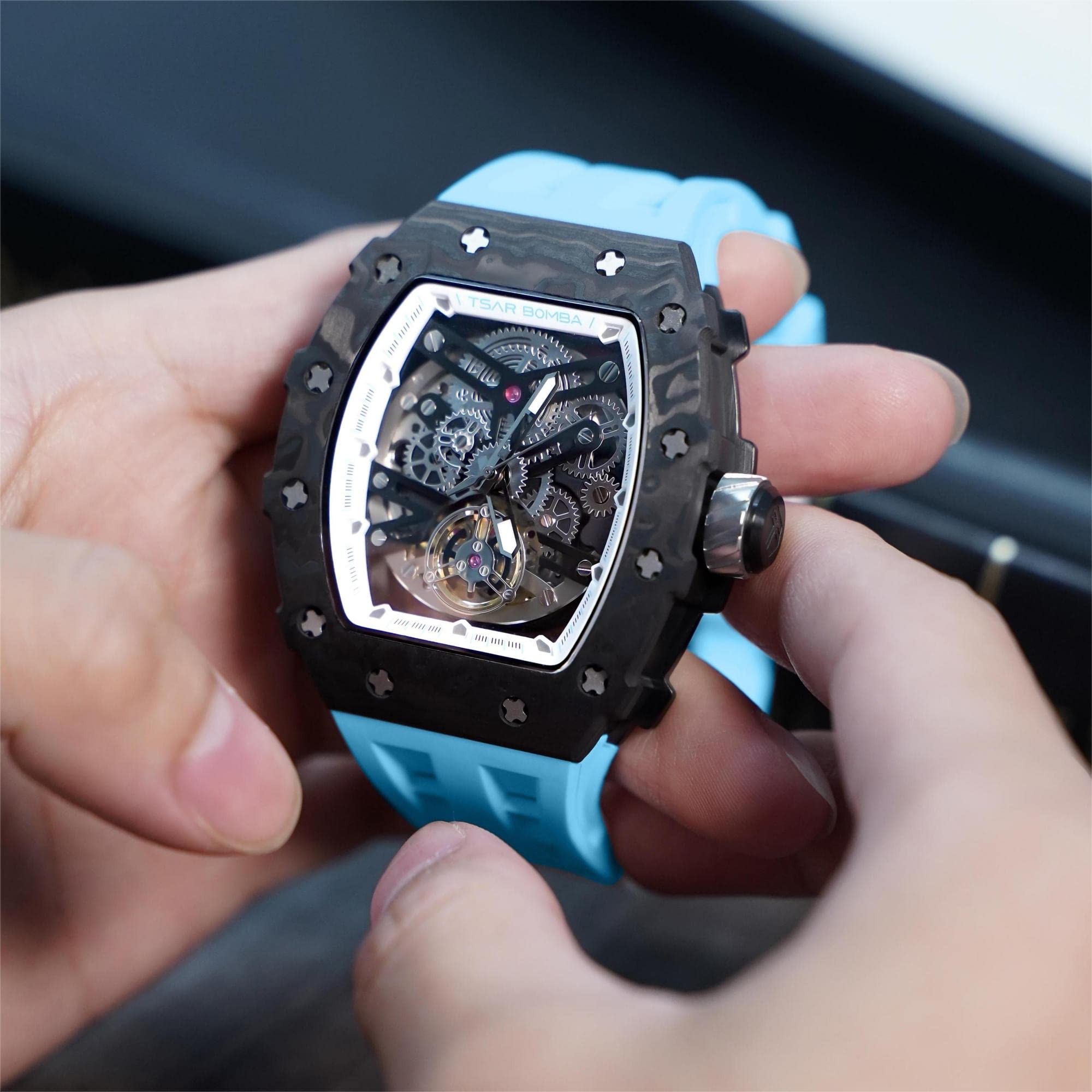 TSAR BOMBA Luxury Men's Watch - 50M Waterproof Tonneau Chronograph with Silicone Band & Mechanical Movement - Perfect for Business, Casual Wear & Gifts for Men