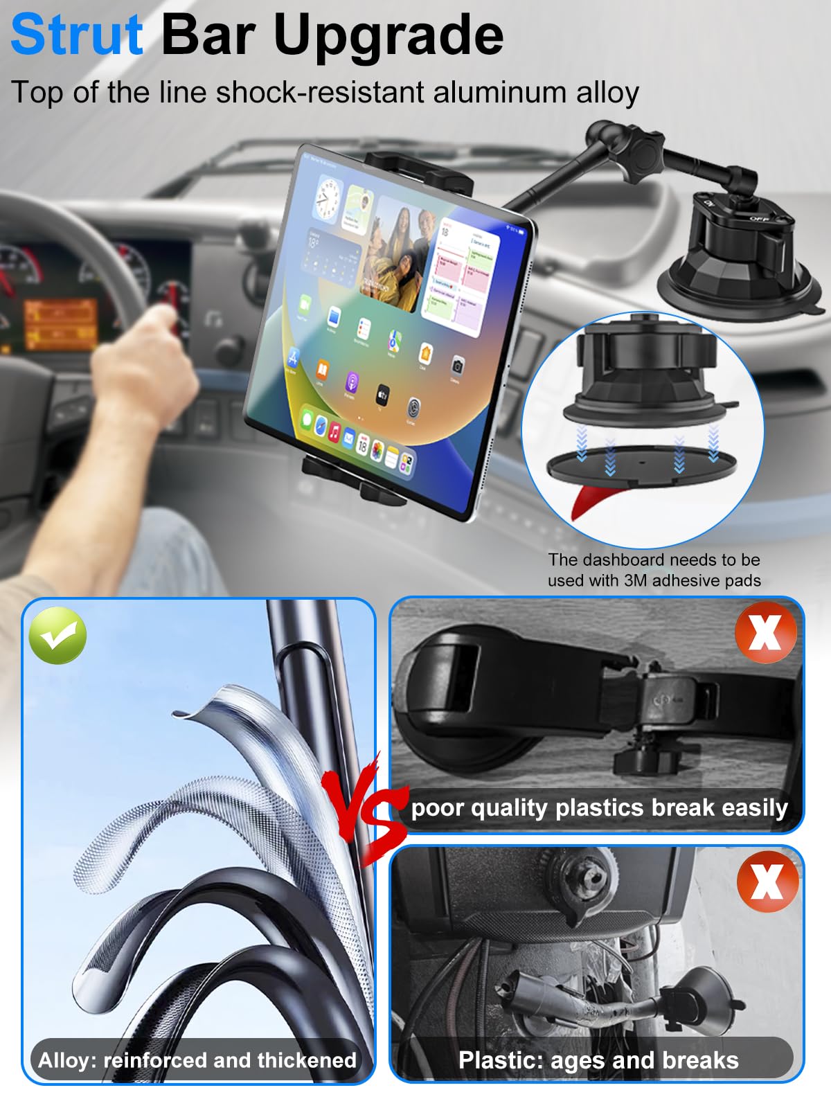 Sunroof Tablet Holder Mount for Car & Truck - Anti-Shake Dashboard & Windshield Stand for iPad Pro/Air (4-12.9