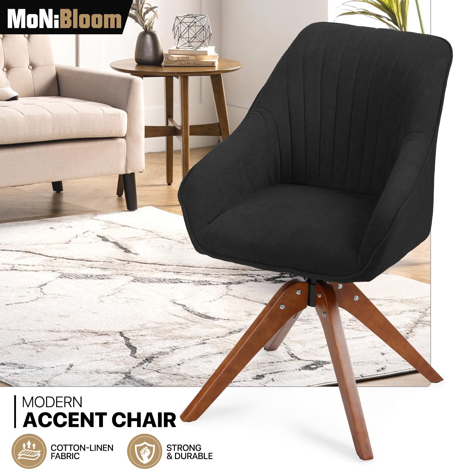 MoNiBloom 360° Swivel Accent Chair - Modern Velvet Upholstered Armchair with Wooden Legs for Office, Living Room & Bedroom - Black | Perfect for Home Office, Reading Nook & Lounge Areas