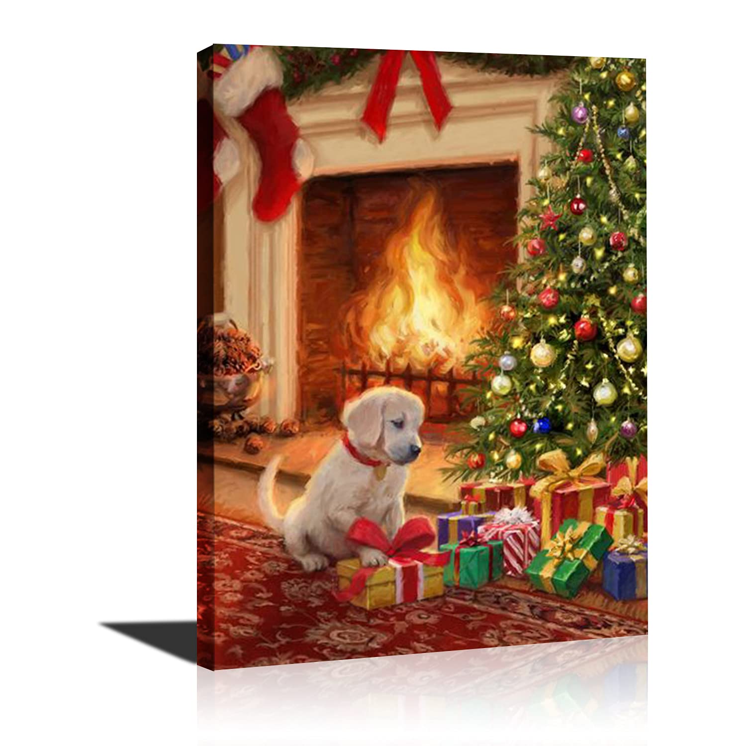 Christmas Dog Wall Art Painting - Framed Canvas Wall Decor for Living Room, Bedroom, Bathroom - Perfect for Holiday Home Decor & Gift Giving