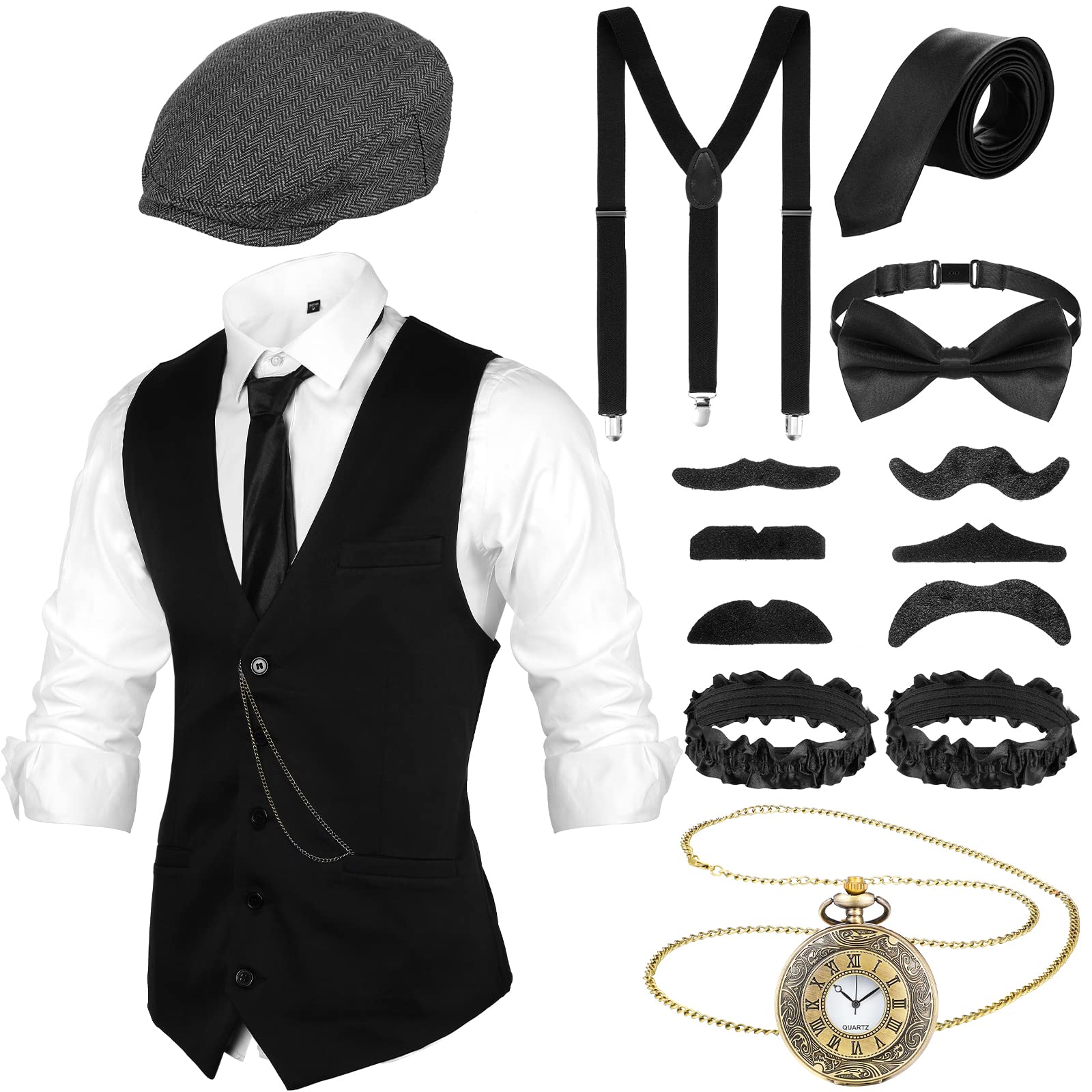 1920s Mens Costume Accessories Set - Gangster Style Vest, Newsboy Cap, Pocket Watch & Tie for 1920s Party, Gatsby Theme, Halloween & Cosplay