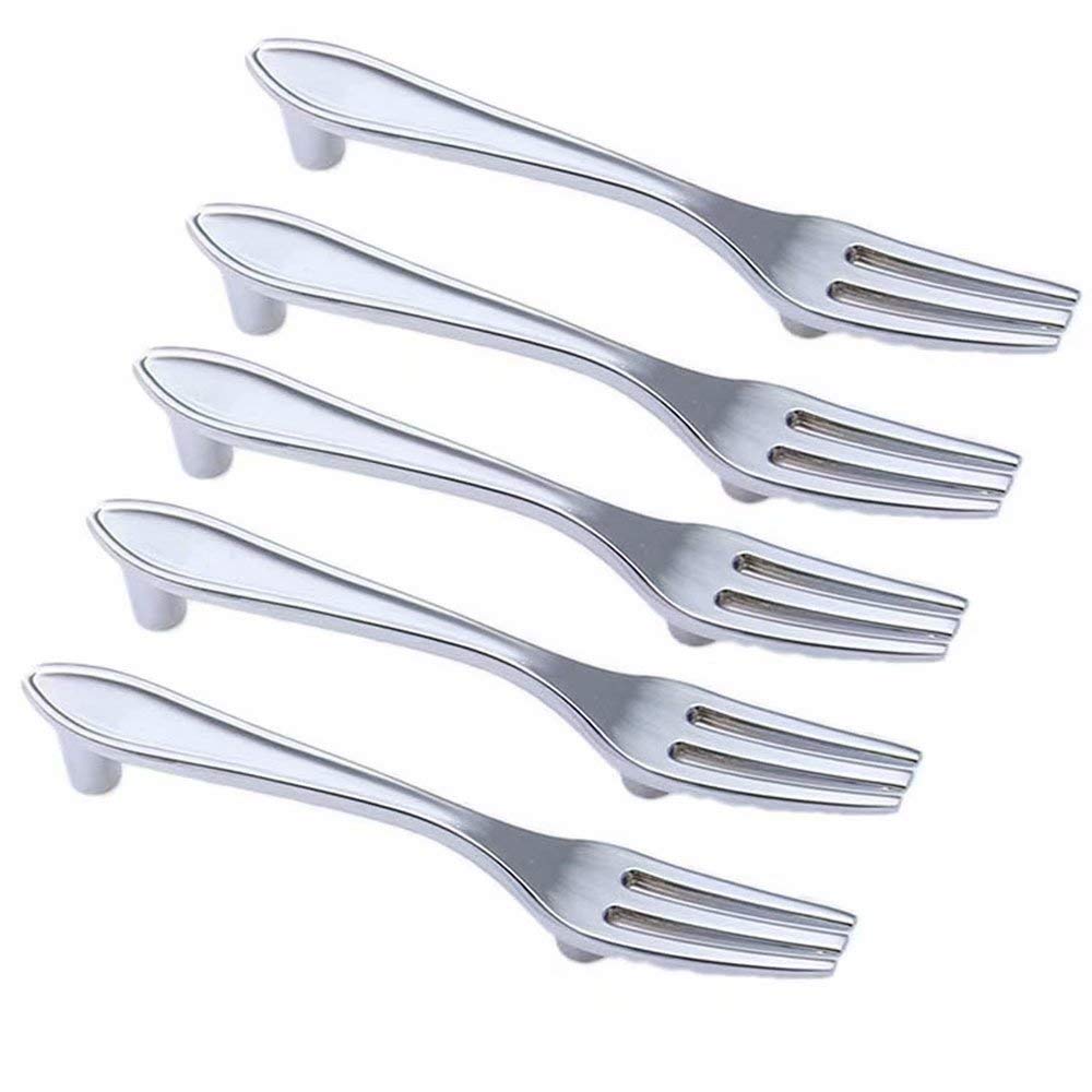Silver 5-Piece Fork Shape Kitchen Cabinet Drawer Pulls - 76mm Center to Center Hardware Handles for Modern Home & Restaurant Cabinetry - Easy Installation Upgrade for Drawers, Closets & Furniture