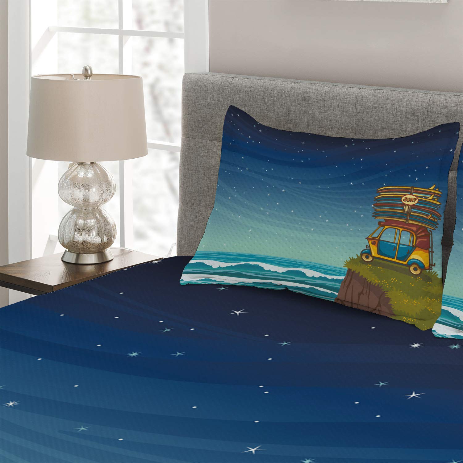 Ambesonne Ocean Themed King Size 3-Piece Quilted Bedspread Set with 2 Pillow Shams - Blue Cartoon Car & Surfboard Design, Summer Beach Waves Illustration for Coastal Bedroom Decor | Perfect for Guest Rooms, Vacation Homes & Beach House Styling
