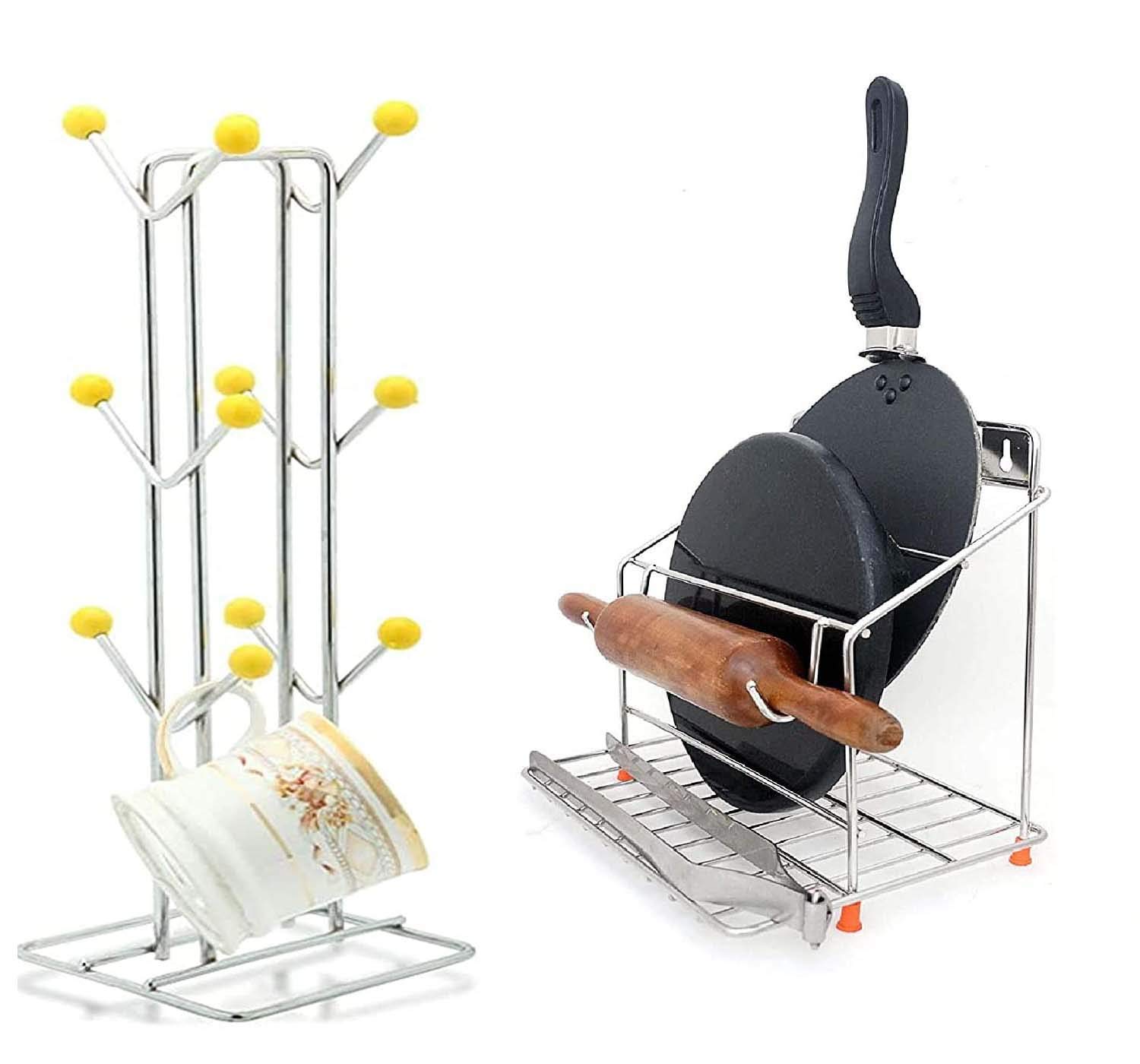 CR18 COLLECTION 100% Rust-Free Stainless Steel Chakla Belan & Tawa Stand - 4-in-1 Kitchen Organizer with Rolling Pin Board Holder & Traditional Cup Holder | Wall Mount Space Saver for Indian Cooking & Baking