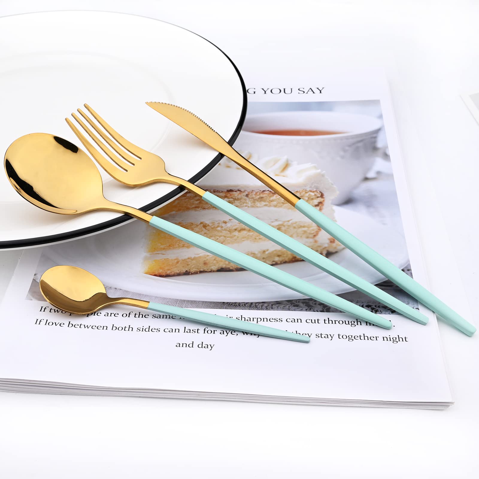 24-Piece Mirror Cutlery Set - 18/0 Stainless Steel Silverware with Mint Green Handle - Modern Dinnerware for Home, Party & Restaurant - Service for 6 (Mint Green Gold) - Perfect for Weddings, Dinner Parties & Formal Dining