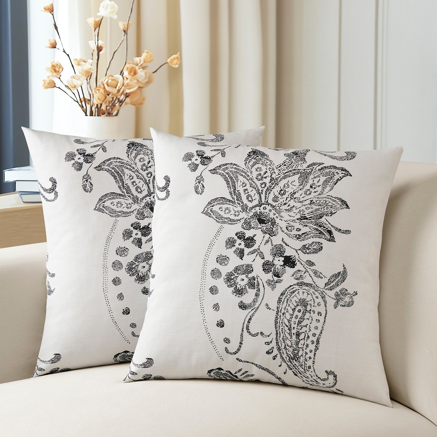 Lotus Black Floral Printed Cotton Cushion Covers Set of 2 - Elegant Home Decor for Sofa, Bed, Living Room & Office