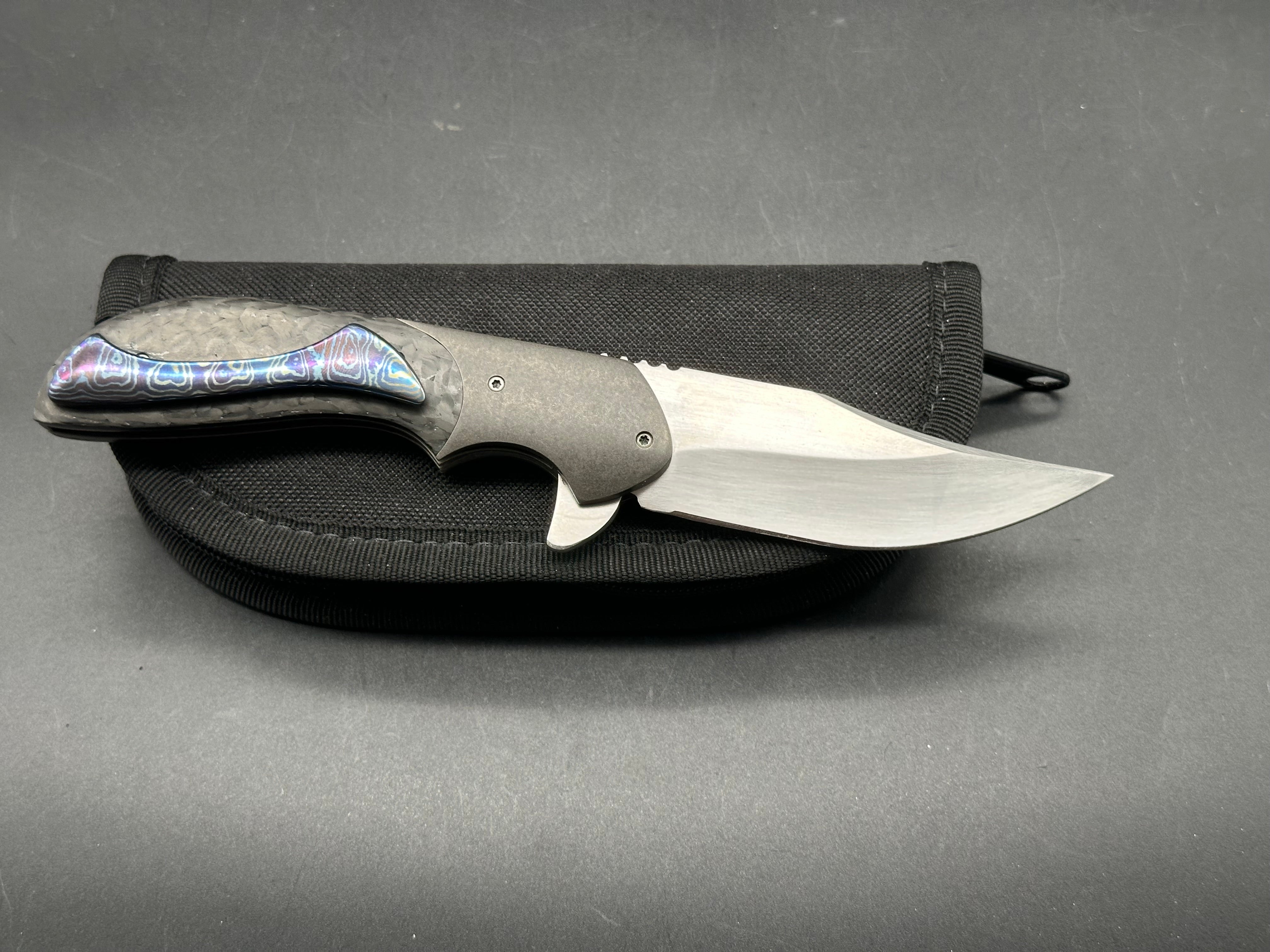 Jeff Vandermeulen Custom Mini Folding Knife - Hand-Rubbed Satin Blade, Titanium Handle with Carbon Fiber Inlay, Tip-Up Mokuti Clip - EDC, Outdoor, Camping & Everyday Carry Pocket Knife