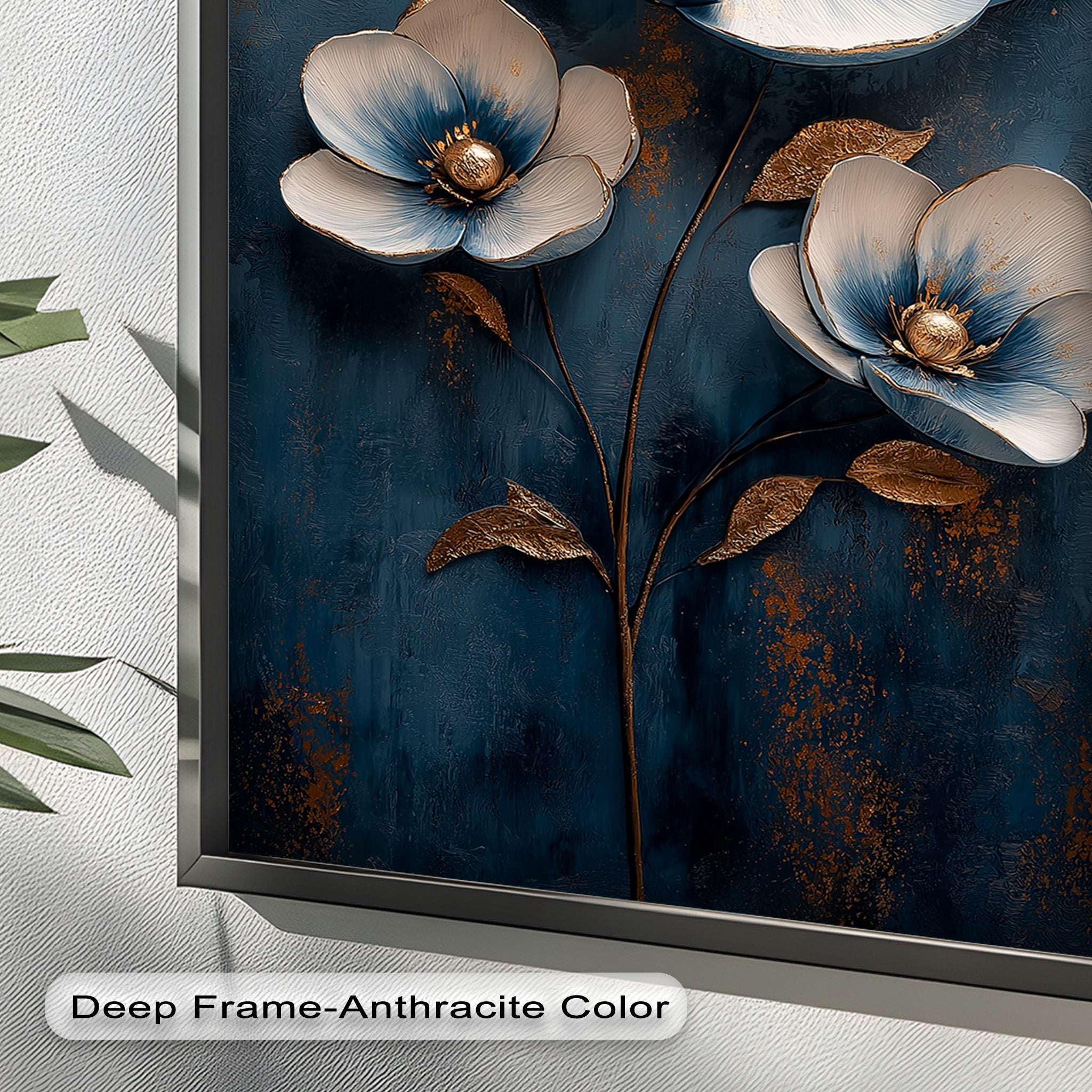 Blue and Gold Flower Modern Oil Painting - Handmade Canvas Wall Art for Living Room, Bedroom & Office Decor